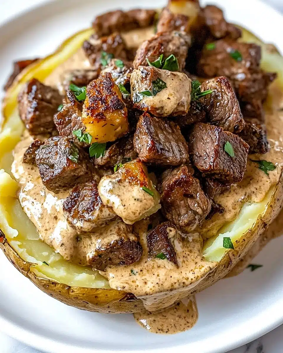A white plate holds a dish with two main layers: at the bottom, there is a large baked potato with the skin still on, partially broken to show the soft, fluffy inside; on top, several dark brown pieces of cooked meat are scattered. The whole dish is covered with a creamy, light brown sauce that has visible herbs and spices mixed in. Small green bits of parsley are sprinkled over everything, adding a fresh color contrast. The plate sits on a white marbled surface, with a golden fork placed nearby. Photo taken with an iphone --ar 4:5 --v 6.1