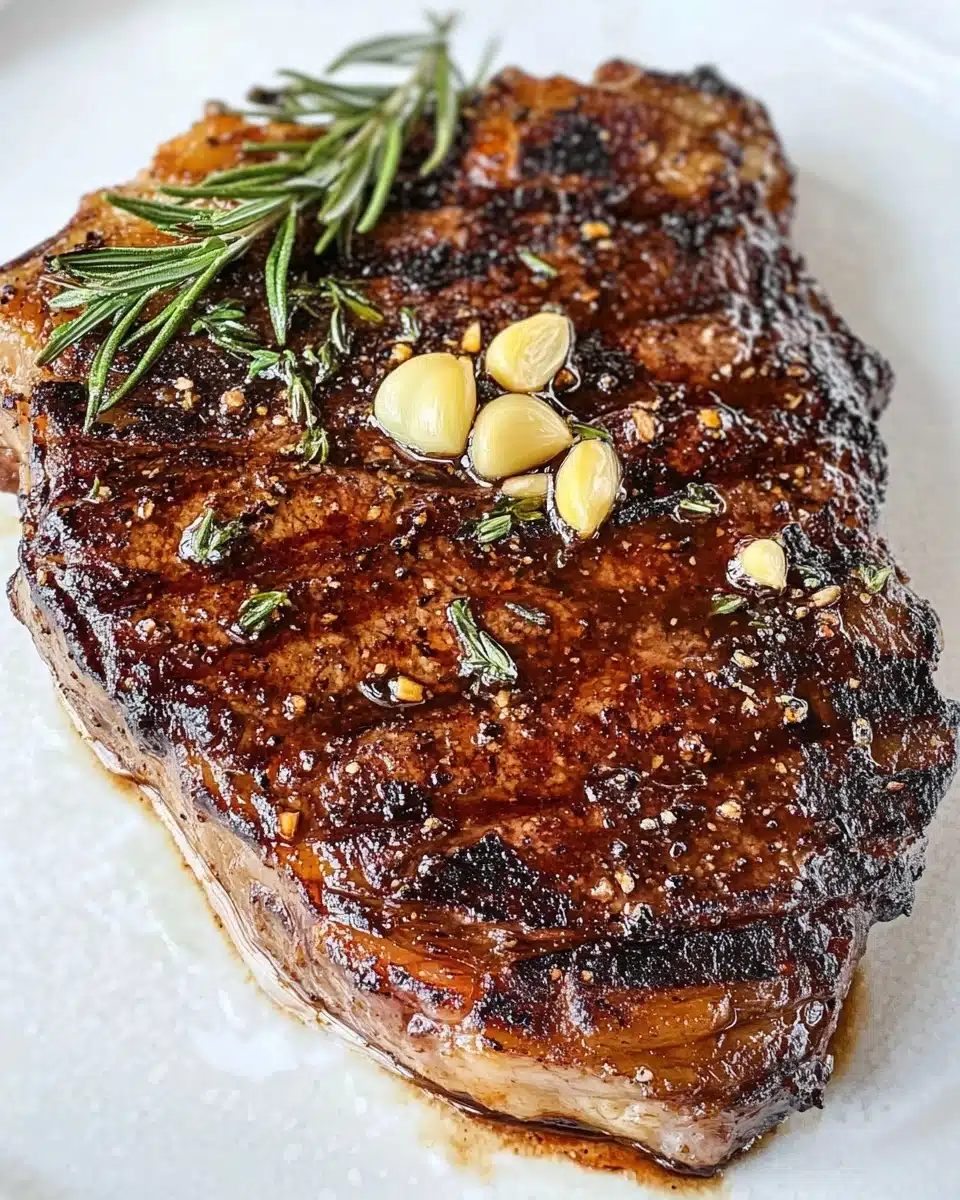A single large steak with a rich, dark brown seared crust and shiny glaze is placed on a white plate. The surface of the steak is uneven with crispy edges and a slightly charred look, showing strong grill marks. On top, there are small pieces of light golden garlic and two fresh green herb sprigs, one rosemary and one thyme, adding color contrast. The steak looks juicy with hints of melted butter and pepper on its surface. The plate sits on a white marbled texture. Photo taken with an iphone --ar 4:5 --v 6.1