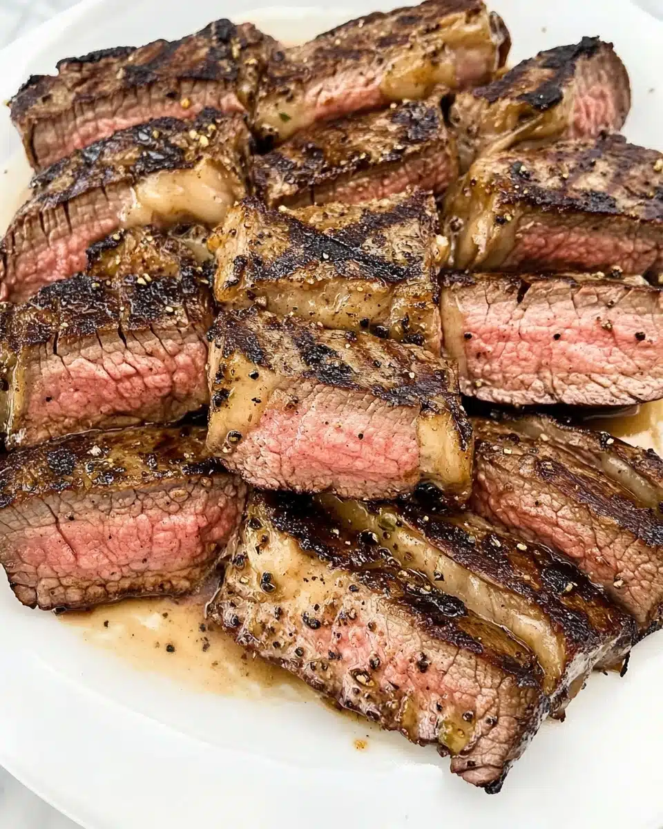 The image shows a white plate with several slices of medium-rare steak arranged in two overlapping layers. The top layer has four thicker slices with a dark, seared crust and a pinkish-red center, while the bottom layer has six slightly thinner slices with a similar color pattern, showing a mix of browned edges and pink middle sections. The steak pieces have a juicy texture with visible fat and small black pepper specks. The plate rests on a white marbled surface, and the whole dish looks rich and fresh with a slight shine from the meat juices photo taken with an iphone --ar 4:5 --v 6.1