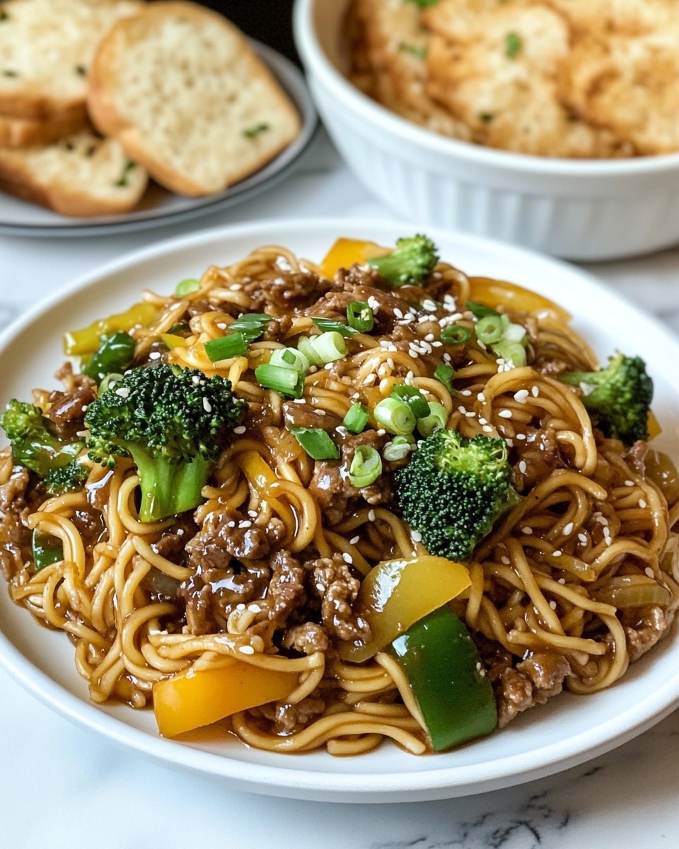 A white plate is filled with a single layer of noodles mixed with small pieces of brown cooked meat, green broccoli florets, yellow bell pepper strips, and slices of green zucchini. The noodles and vegetables are coated with a glossy, dark brown sauce. Scattered on top are bits of chopped green onions and white sesame seeds, adding texture and color contrast. In the background, there is a white bowl filled with more of the noodle stir-fry, and a white plate holding slices of golden toasted bread with green herb specks on a white marbled surface. Photo taken with an iphone --ar 4:5 --v 6.1