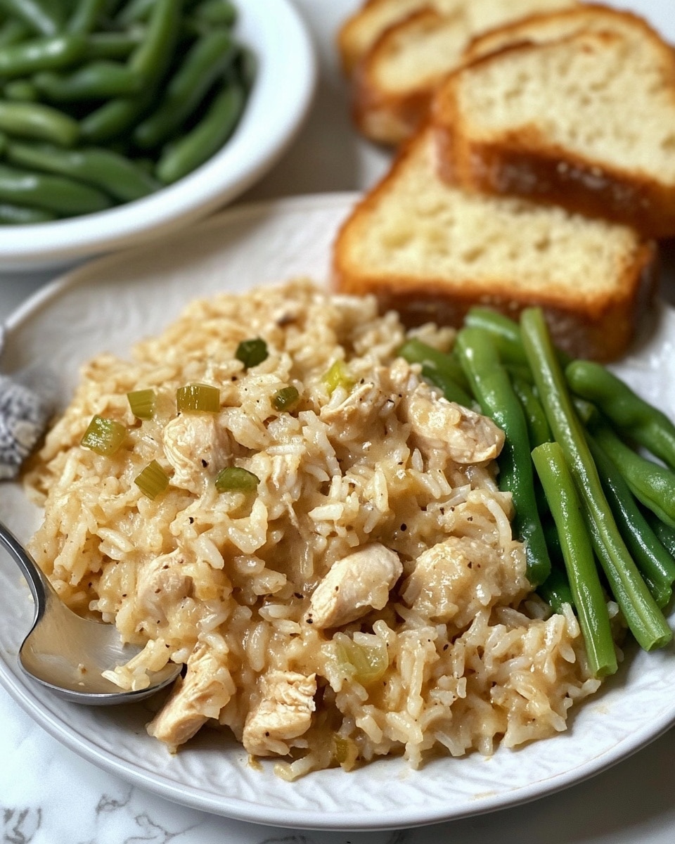 A white plate holds three main parts: on the left, a round pile of creamy rice mixed with small pieces of chicken and chopped green vegetables, all coated in a light brown sauce; next to it on the right, a serving of cooked green beans with a slightly shiny, soft texture; and on the top left corner of the plate, a golden-brown slice of toasted garlic bread with visible herb flakes. The plate sits on a white marbled surface with part of another white plate holding more garlic bread visible in the background. photo taken with an iphone --ar 4:5 --v 6.1