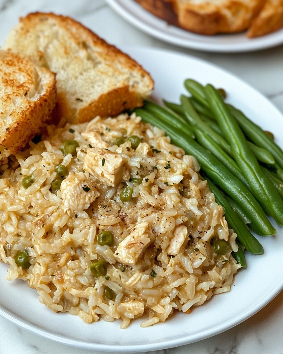 The image shows a white plate with three parts of food on a white marbled surface. On the left side, there is a golden brown toasted slice of garlic bread with visible green herbs. In the center, there is a mound of creamy rice mixed with small pieces of light brown chicken and bits of green celery, all coated in a glossy light brown sauce. On the right side, there is a serving of cooked green beans that are dark green with a slight shine and some texture. In the background, part of another white plate with more slices of garlic bread and a yellow bowl with more rice are visible. Photo taken with an iphone --ar 4:5 --v 6.1