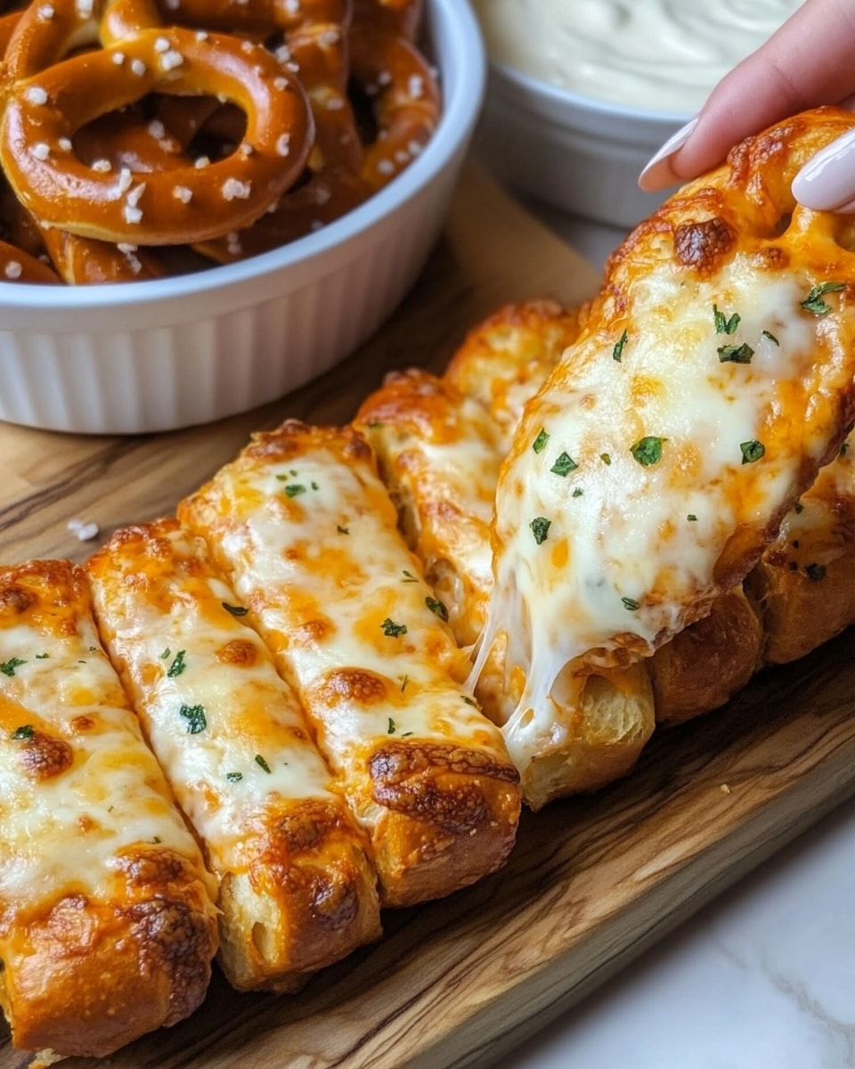 The image shows a white bowl filled with golden-brown pretzels at the top left. Below and to the right, there is a wooden board holding five rectangular slices of cheesy, baked bread with melted orange and white cheese mixed with herbs on top, creating a textured, bubbly appearance. A woman's hand is dipping one piece of the cheesy bread into a small white bowl of thick white sauce, which looks creamy and smooth. The background surface is a white marbled texture. Photo taken with an iphone --ar 4:5 --v 6.1