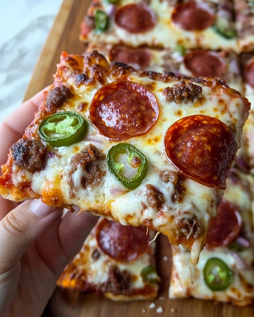 Two mini pizzas are shown on a foil-lined baking tray with a white marbled surface underneath. Each pizza has a thick, golden brown crust base. The bottom layer is red tomato sauce, topped with a thick layer of melted white mozzarella cheese. The first pizza is covered with browned ground meat and pepperoni slices, while the second pizza has the same meat and pepperoni but also includes green bell pepper pieces, sliced jalapeños, and small red onion bits spread evenly across the cheese. The pepperoni slices are shiny and slightly curled at the edges. The foil beneath has some melted cheese spots around the pizzas. photo taken with an iphone --ar 4:5 --v 6.1