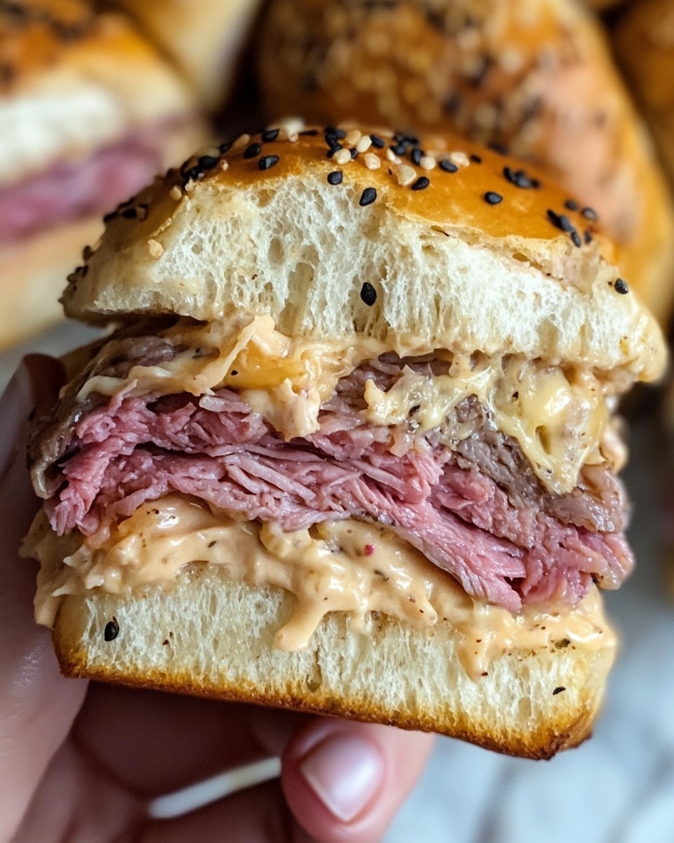 A close-up view of a sandwich held by a woman's hand showing multiple layers: the top layer is a golden brown, toasted bun sprinkled with black and white sesame seeds; below it is a creamy, light beige sauce with shredded textures; the middle layer is thick slices of pink, tender meat; underneath the meat is a thin layer of melted cheese resting on a soft, light brown bottom bun. In the background, there are more sandwiches on a white marbled surface. Photo taken with an iphone --ar 4:5 --v 6.1