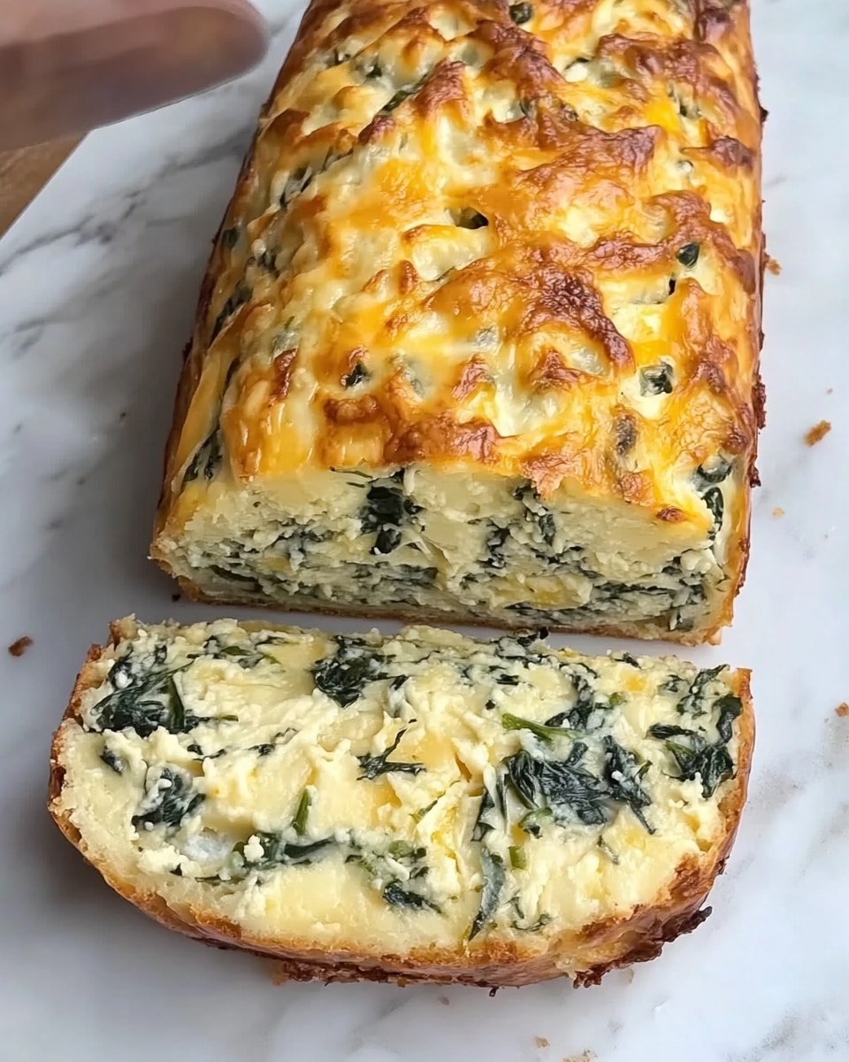 A loaf made with creamy cheese and spinach is being sliced on a white marbled surface. The loaf has a golden-brown crust around the edges and is filled with a mix of melted yellow cheese and dark green spinach pieces throughout. The texture looks soft and thick, with the cheese slightly melted into the spinach inside. A woman's hand is holding a large knife cutting a thick slice from the loaf. Photo taken with an iphone --ar 4:5 --v 6.1