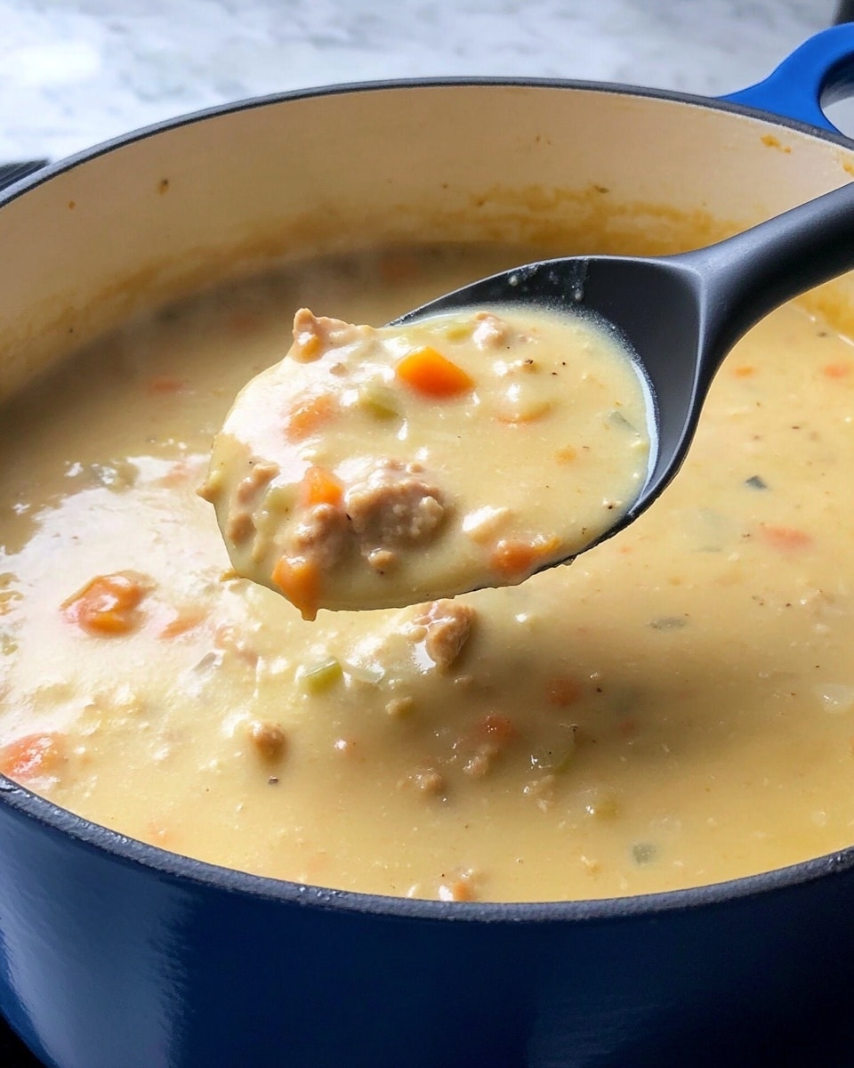 A thick, creamy soup with a pale yellow color is shown being scooped up with a thick spatula. The soup is loaded with chunks of light beige meat, small pieces of orange carrot, and bits of green celery, all mixed in the creamy base. The soup stretches slightly from the spatula, showing its rich and smooth texture. The pot holding the soup is deep blue with a white interior, resting on a surface with a white marbled texture. Photo taken with an iphone --ar 4:5 --v 6.1