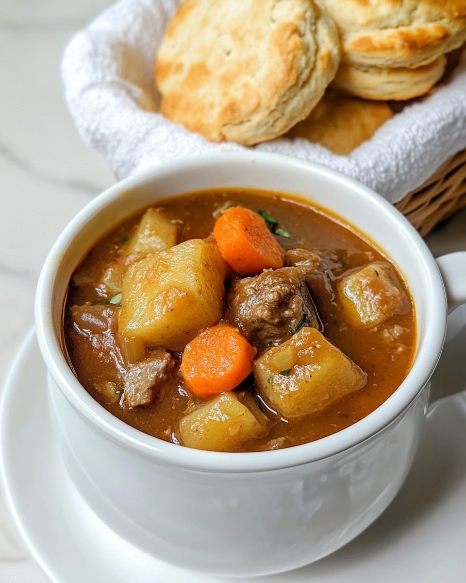 A white cup filled to the top with thick stew showing chunky layers of orange carrots, golden potatoes, and tender brown meat pieces in a rich, brown sauce with visible herbs, sitting on a white plate with a subtle textured pattern; in the background, a white cloth-lined basket holds golden brown biscuits stacked together, all placed on a white marbled surface, photo taken with an iphone --ar 4:5 --v 6.1