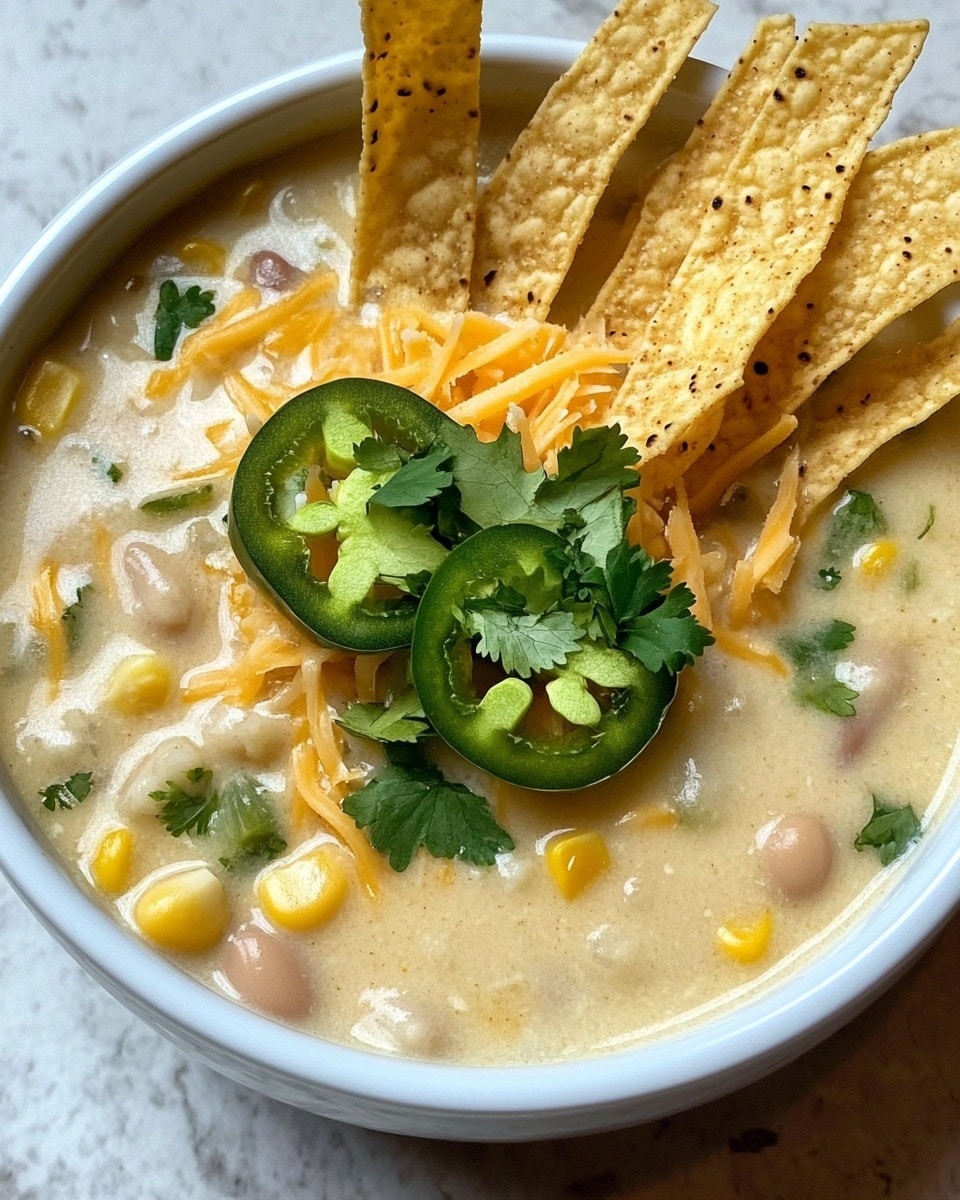 A white cup filled with creamy, light beige soup that has visible chunks of white beans and bits of corn. The soup is topped with a pile of crispy, pale yellow tortilla strips placed on one side. On the other side, there are two bright green jalapeño slices sitting on fresh, dark green chopped cilantro leaves. Shredded white cheese is sprinkled lightly over the soup. The cup is placed on a speckled brown surface. Photo taken with an iphone --ar 4:5 --v 6.1