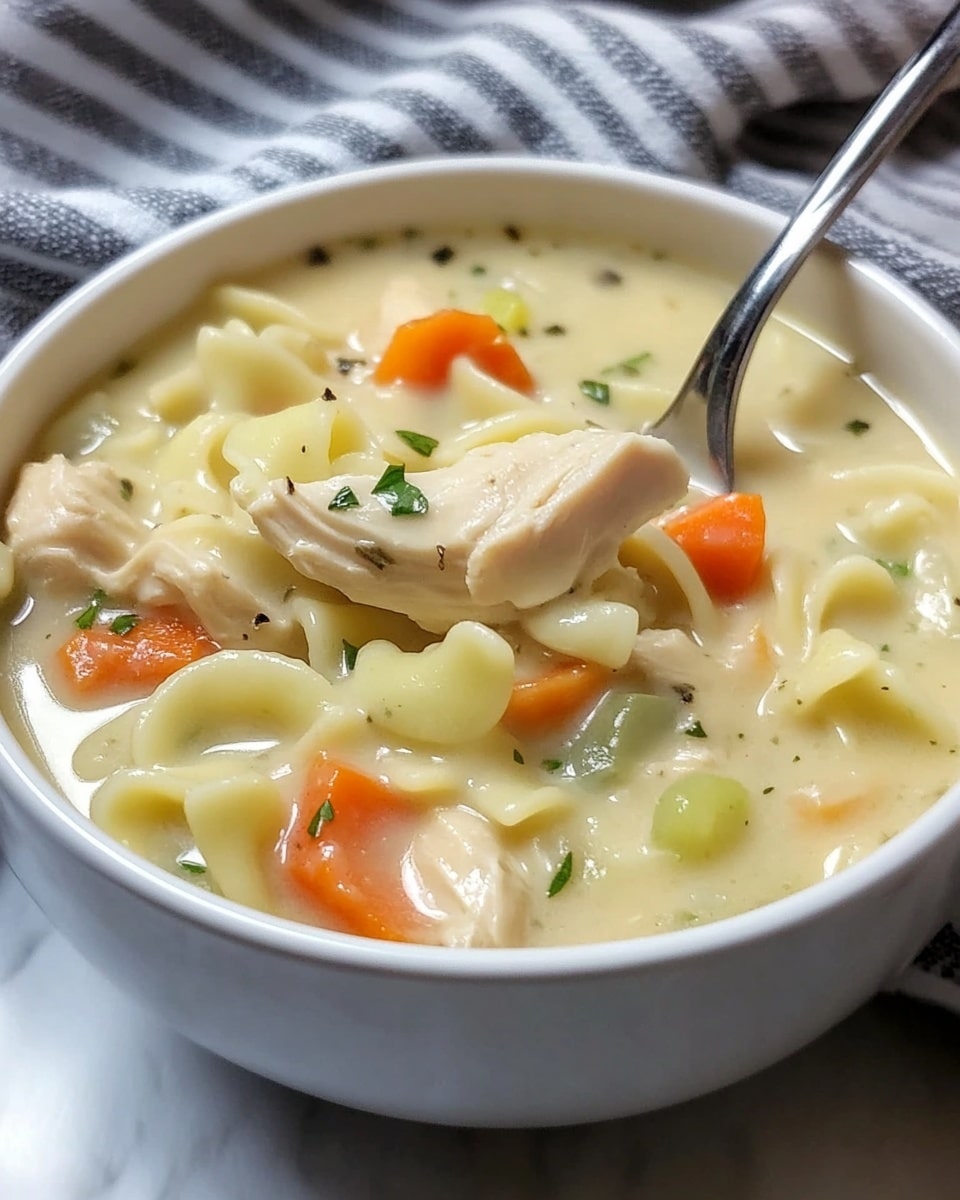 A white bowl filled with thick, creamy soup that has a pale yellow color with specks of green herbs and black pepper. Inside the soup, there are soft pieces of white pasta, tender chunks of light-colored meat, round slices of bright orange carrots, and small pieces of celery. A silver spoon is lifting a scoop that shows part of a carrot slice, meat, pasta, and creamy soup dripping smoothly. The bowl sits on a white marbled surface with a striped gray and white cloth in the background. photo taken with an iphone --ar 4:5 --v 6.1