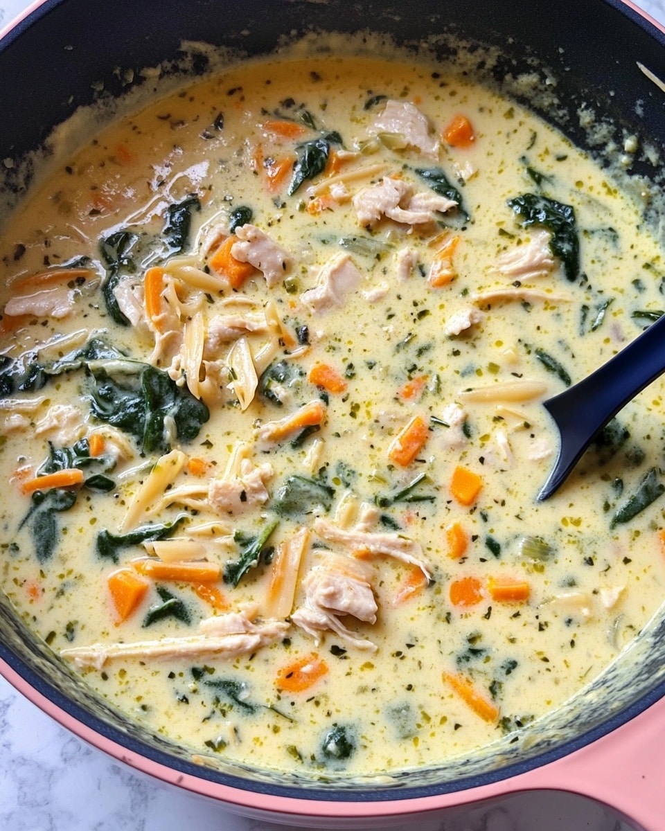 A thick creamy soup is shown inside a large pink pan, with a smooth light yellow base mixed with chopped dark green spinach leaves and small pale orange carrot bits. There are pieces of shredded white meat and flat pale pasta strips scattered evenly throughout the soup. A dark blue spoon is partially immersed in the soup near the bottom left side. The pan is on a white marbled surface. photo taken with an iphone --ar 4:5 --v 6.1