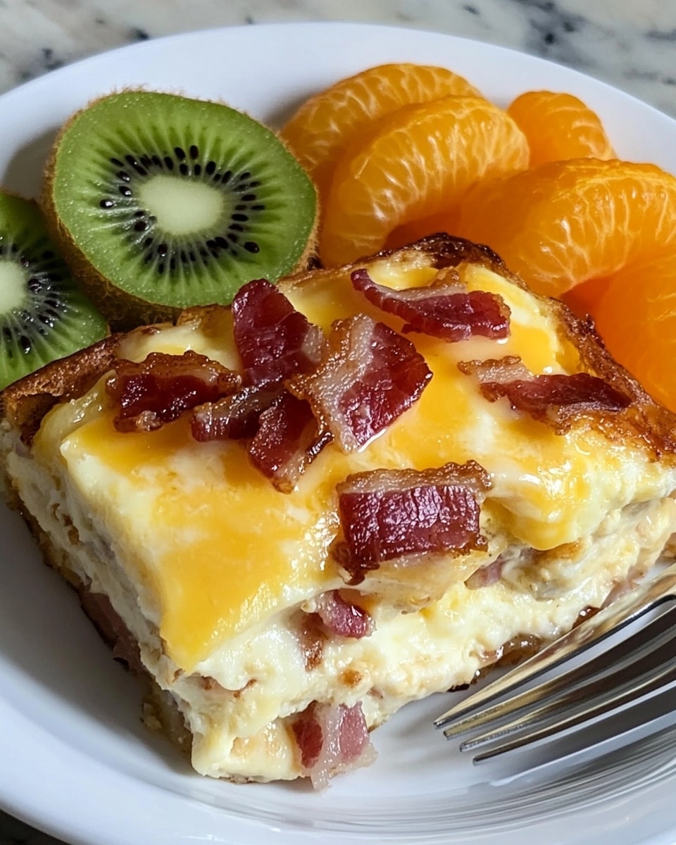 The image shows a close-up of a slice of pizza held by a woman's hand. The pizza has three main visible layers: a thin beige crust at the bottom, a middle layer of melted white cheese covering the entire slice, and a top layer that includes bright yellow scrambled eggs and small pieces of crispy reddish-brown bacon scattered evenly. Some orange shredded cheese is mixed in with the eggs and bacon. The background shows more pizza slices with the same toppings on a white marbled surface. The melted cheese stretches slightly as the slice is lifted. Photo taken with an iphone --ar 4:5 --v 6.1