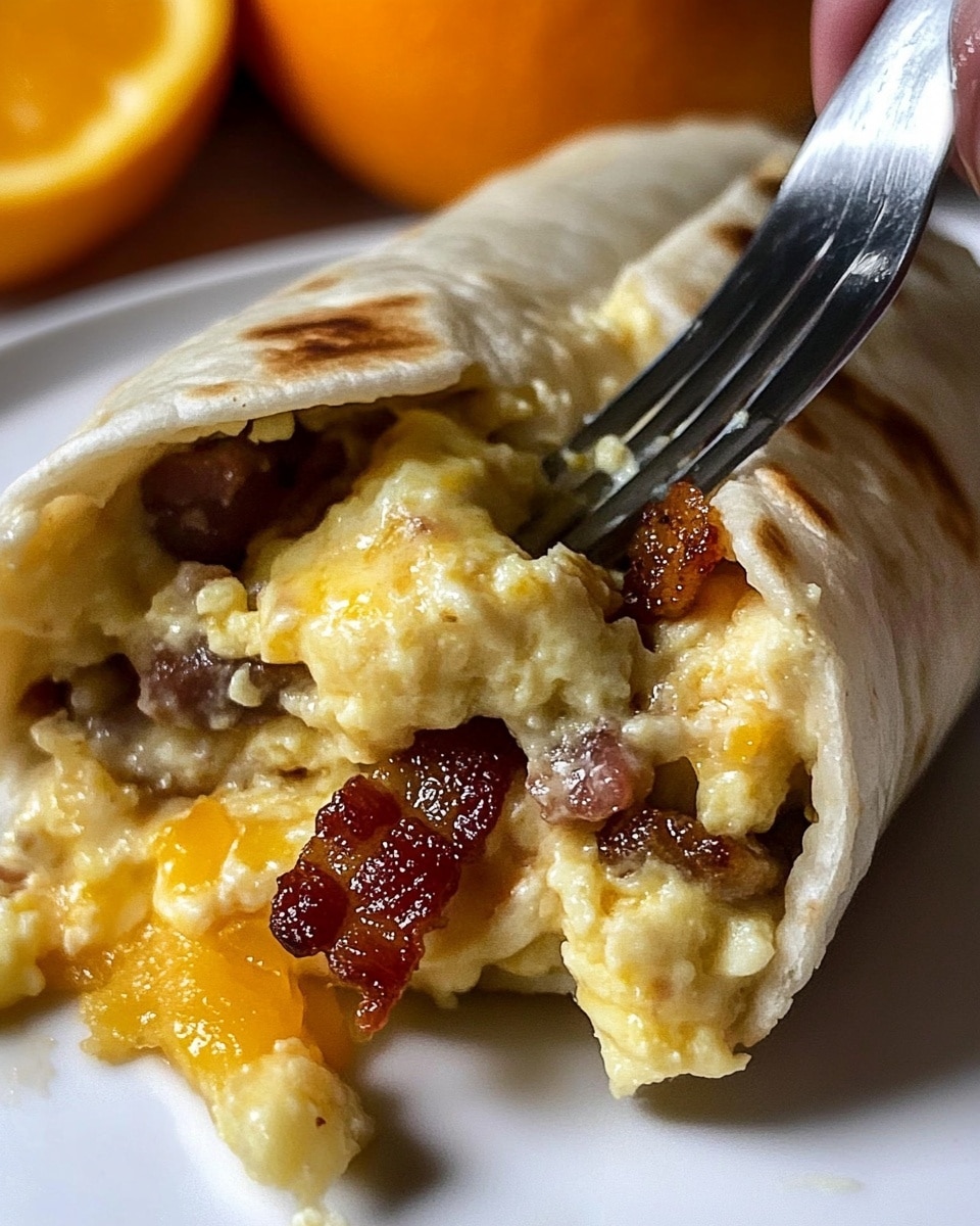 The dish shows a close-up of a rolled breakfast burrito held by a woman's hand with a fork. The burrito has three visible layers: the inside layer contains yellow scrambled eggs mixed with small pieces of crispy brown bacon, the middle layer is a soft beige tortilla wrap, and the outside layer is covered with melted cheese, which is a mix of white and yellow colors, giving a creamy, slightly gooey texture. The burrito rests on a white plate with small orange slices in the background, placed on a white marbled surface. photo taken with an iphone --ar 4:5 --v 6.1