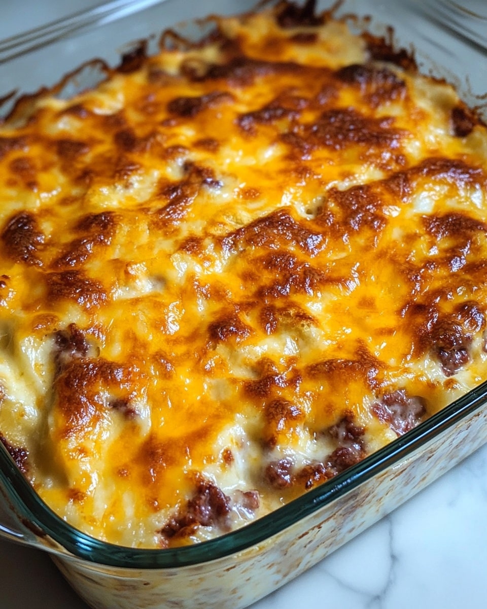 A glass baking dish filled with a baked casserole that has a thick top layer of melted orange-yellow cheese with some browned spots, and some white areas showing underneath. There are small bits of browned meat or vegetables scattered throughout the cheesy layer. The texture looks soft and slightly bubbly with an uneven surface. The casserole sits on a white marbled surface. photo taken with an iphone --ar 4:5 --v 6.1