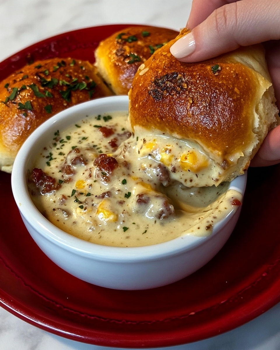 The image shows a close-up of a wooden spatula lifting thick creamy sausage gravy from a clear bowl, with the gravy having two main layers: the creamy white sauce and small light to medium brown sausage pieces evenly mixed throughout. The texture is smooth and rich with a glossy shine on the sauce, and the background features a white marbled surface that contrasts with the bowl and gravy. photo taken with an iphone --ar 4:5 --v 6.1