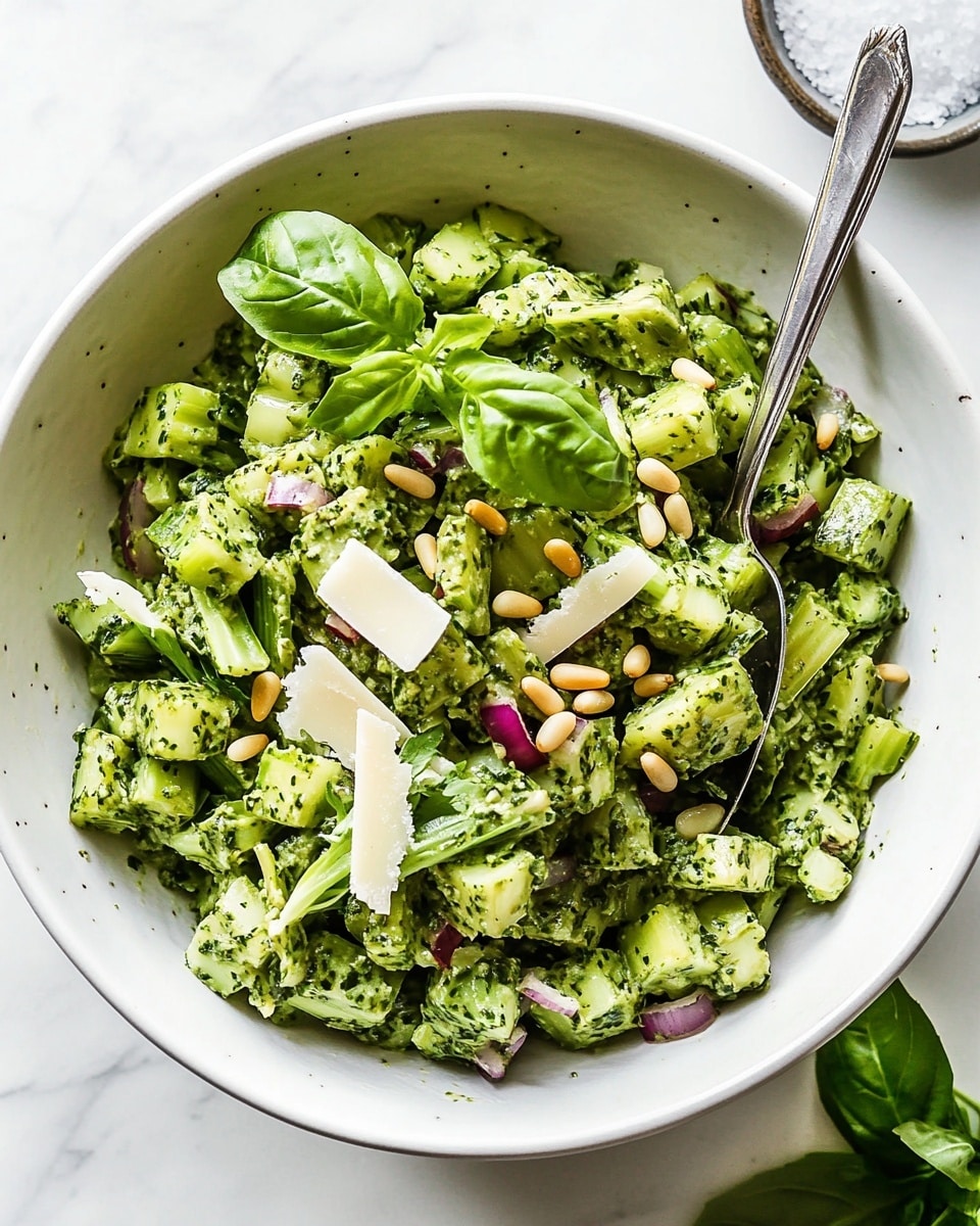 A white bowl filled with a salad made of small green pieces coated in a thick green sauce, mixed with light green celery chunks, small bits of purple onion, scattered pale pine nuts, and thin light strips of cheese on top. Fresh green leaves are placed as garnish on the side of the bowl. A silver spoon rests inside the bowl on the right edge. The bowl is set on a white marbled surface with a small bowl of white salt visible in the top right corner. Photo taken with an iphone --ar 4:5 --v 6.1