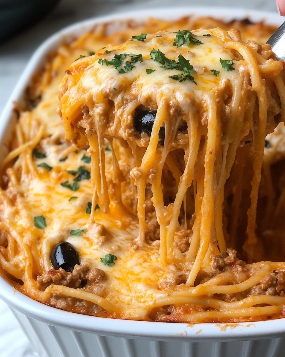 A white baking dish filled with a creamy baked spaghetti casserole shows layers of soft spaghetti noodles coated in a thick, orange cheese sauce mixed with ground meat and black olive slices in the lower section. The top layer is a golden browned melted cheese sprinkled with chopped green herbs, providing a fresh pop of color. A woman's hand holding a spoon lifts a portion from the dish, stretching cheesy noodles and sauce upward against a white marbled surface background. Photo taken with an iphone --ar 4:5 --v 6.1