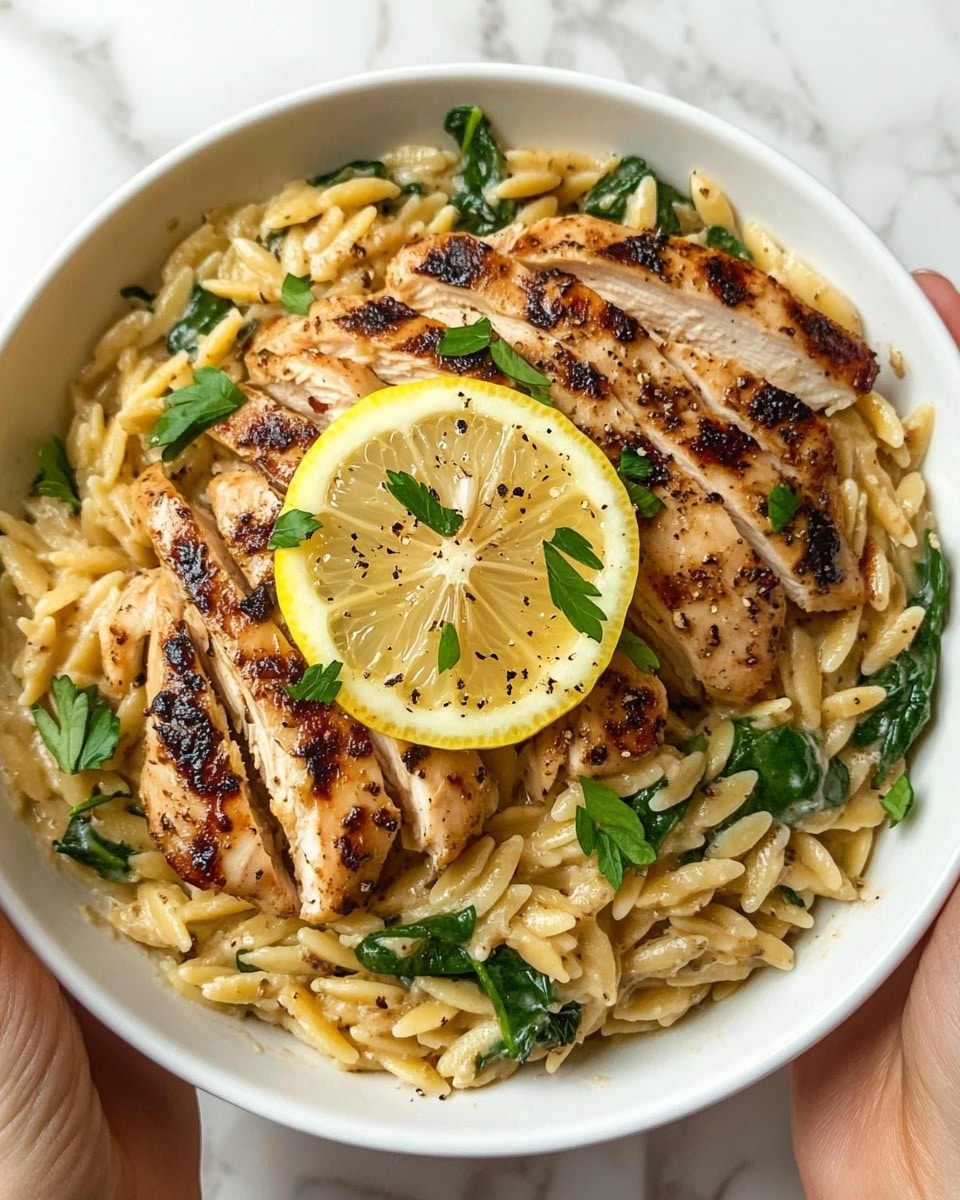 A white round plate holds a creamy orzo pasta mixed with green spinach leaves and small bits of herbs, forming the base layer. On the right side of the plate, there are several slices of golden brown grilled chicken placed neatly. A fork lifts a bite showing a layered mix of tender chicken piece at the bottom, creamy orzo pasta with a smooth texture, and bright green spinach on top. The plate is on a white marbled surface. Photo taken with an iphone --ar 4:5 --v 6.1