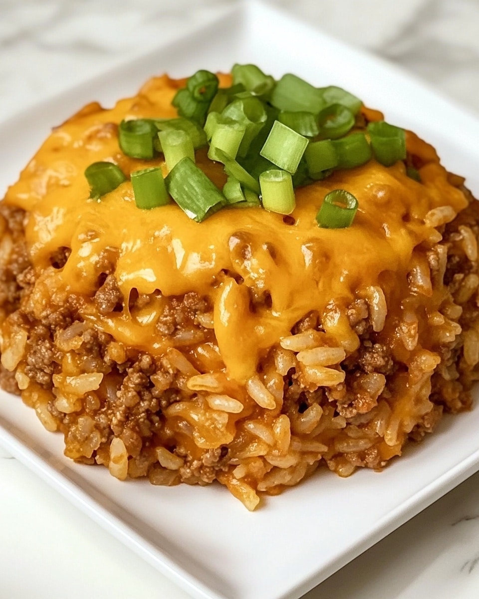 This image shows a close-up of a white pan filled with a mixture of cooked rice, ground meat, bacon pieces, and melted yellow cheddar cheese evenly spread throughout. The rice and meat blend forms the base layer, with gooey cheese melted on top and intertwined inside, giving the dish a textured and creamy look. A metal spoon lifts a large portion, showing the layers and textures well, with some bits of bacon visible in the mix. The background surface under the pan has a white marbled texture. The photo taken with an iphone --ar 4:5 --v 6.1