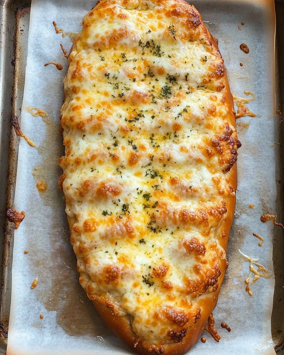 A long oval-shaped pizza bread on a baking sheet lined with lightly browned parchment paper, showing a golden-brown crust with some air puffed areas. The top layer is covered in melted cheese in shades of white and yellow, with a slightly bubbly and browned texture spread evenly. Bits of green herbs are sprinkled over the cheese, adding contrast. The bread appears thick and soft underneath the cheesy layer, with some edges slightly darker from baking, all sitting on a white marbled surface. photo taken with an iphone --ar 4:5 --v 6.1
