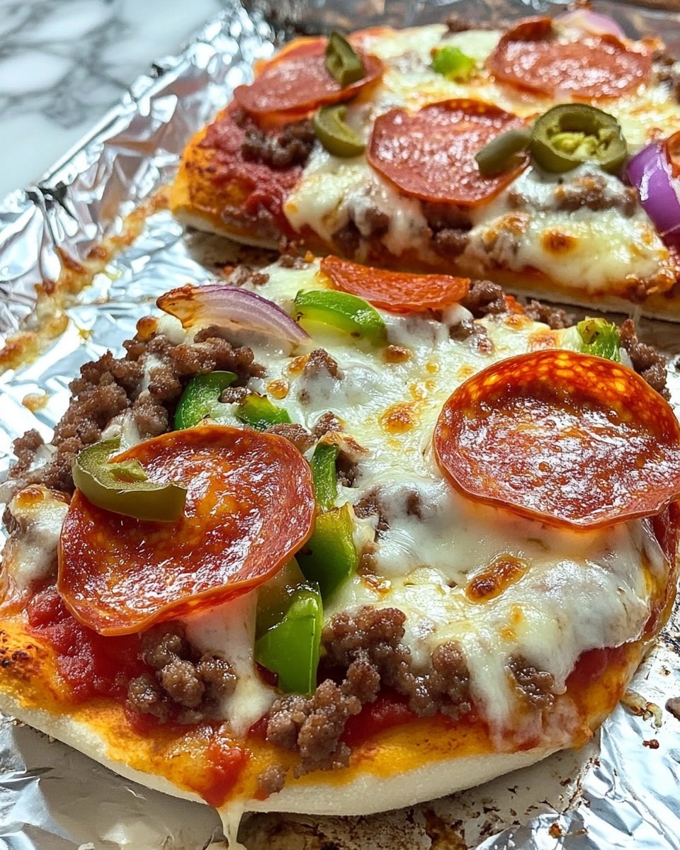 A woman's hand holds a square slice of pizza with a thick crust. The pizza has a layer of melted white cheese, topped with two round pepperoni slices that are dark red with a shiny texture, small pieces of green peppers, a green jalapeno ring, tiny bits of red onion, and small chunks of brown sausage. Below this slice, more square pizza pieces rest on a wooden board, showing similar toppings with a mix of cheese, pepperoni, sausage, and green peppers. The background is a white marbled surface. Photo taken with an iphone --ar 4:5 --v 6.1