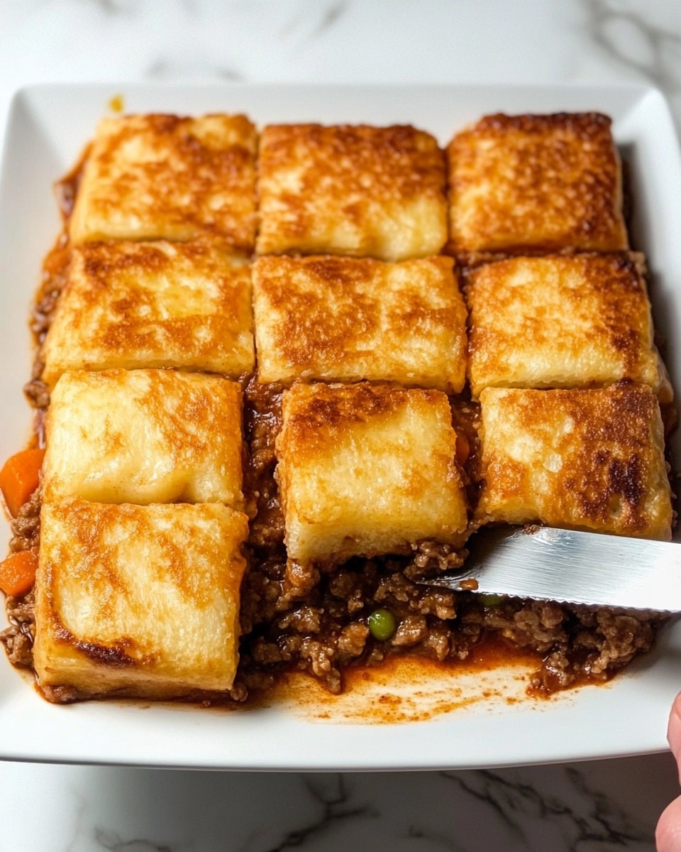 The dish is served on a square white plate placed on a white marbled surface. It has two main layers: the bottom layer is a mix of cooked ground beef with visible bits of carrots and possibly green peas in a reddish sauce. The top layer consists of nine pieces of toasted bread squares, golden brown with a slightly crisp texture and some darker grill marks. The bread pieces are arranged in a 3x3 grid, covering the meat mixture below. A knife held by a woman's hand is cutting into the bottom right piece of bread. Photo taken with an iphone --ar 4:5 --v 6.1