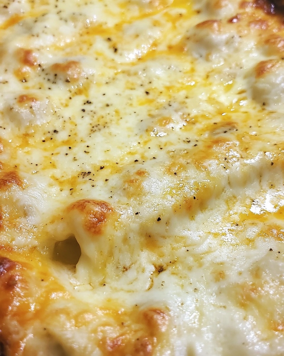 A close-up of a baked dish showing a thick layer of melted cheese covering the surface. The cheese is a mix of white and yellow, with a creamy texture and some browned spots on top, indicating it is cooked and slightly bubbly. Underneath the cheese, hints of a browned crust or base can be seen in some areas. The cheese layer looks rich, stretchy, and smooth, spreading evenly across the rectangular shape of the dish, with some small herbs or seasoning speckled throughout. The dish appears hot and fresh from the oven. photo taken with an iphone --ar 4:5 --v 6.1