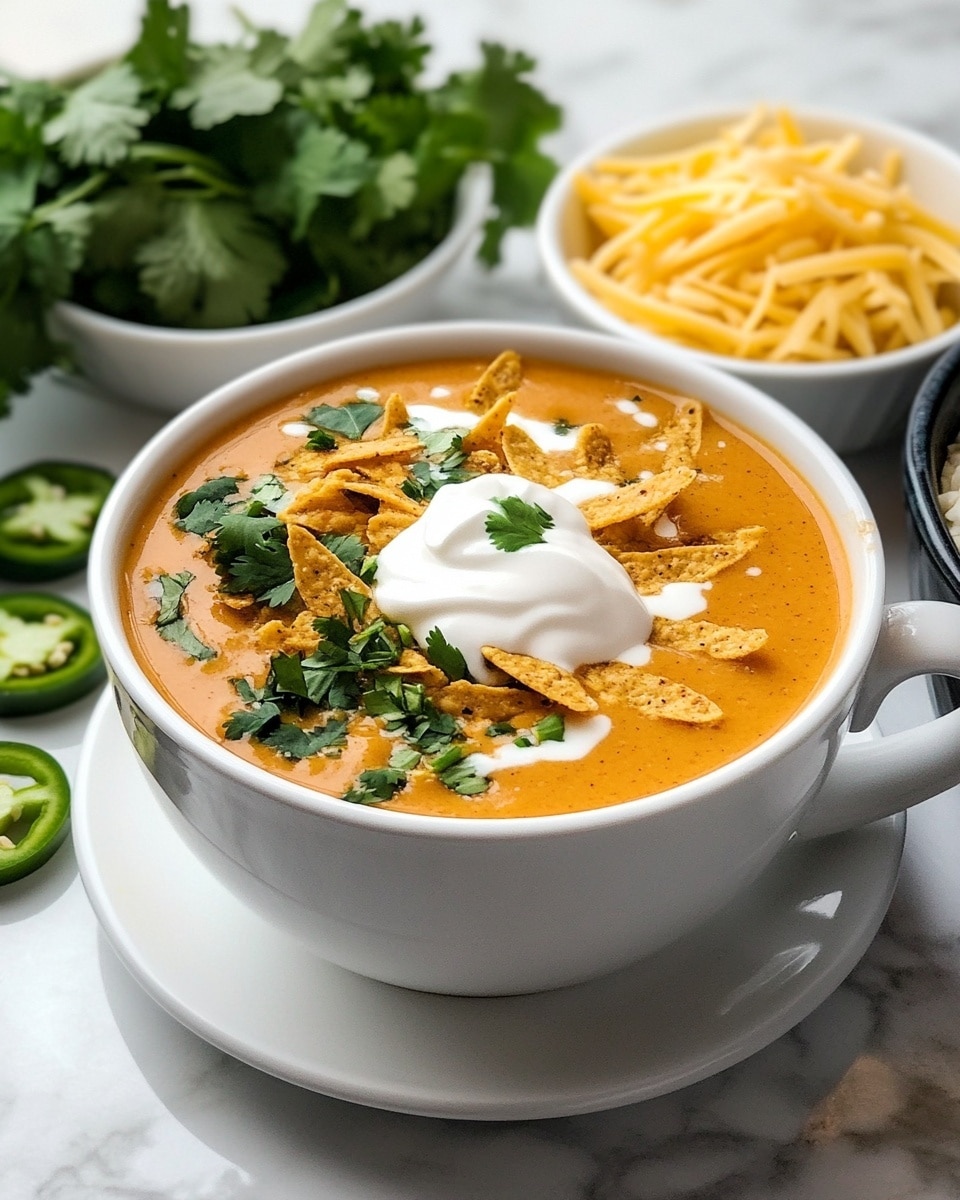 A white cup filled with creamy orange soup sits on a white saucer with a textured edge on a white marbled surface. The soup has visible layers inside: green herbs, yellow-orange melted cheese, and small pieces of vegetables. On top, there are crunchy light brown tortilla strips arranged in a small pile, with a dollop of smooth white sour cream above them. Behind the cup, there is a bunch of fresh green cilantro, a small white bowl filled with sliced green jalapeños, a white ramekin filled with shredded yellow and white cheese, a white plate with more crunchy tortilla strips, and a blue and white bowl holding creamy sour cream. The photo taken with an iphone --ar 4:5 --v 6.1