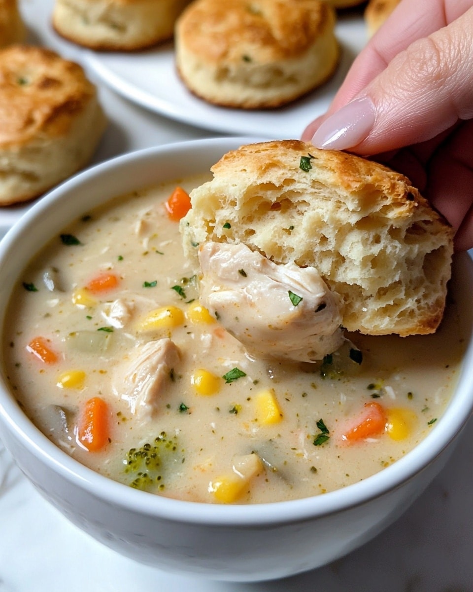 A white bowl filled with creamy chicken and vegetable soup with a thick texture, showing visible chunks of orange carrot, yellow corn, green broccoli, and white chicken pieces mixed throughout. A woman's hand is holding a biscuit with a golden-brown top and soft, crumbly inside, dipping it into the soup. In the background, on a white plate, there are several golden, round biscuits sprinkled with green herbs. The setup is on a white marbled surface. photo taken with an iphone --ar 4:5 --v 6.1