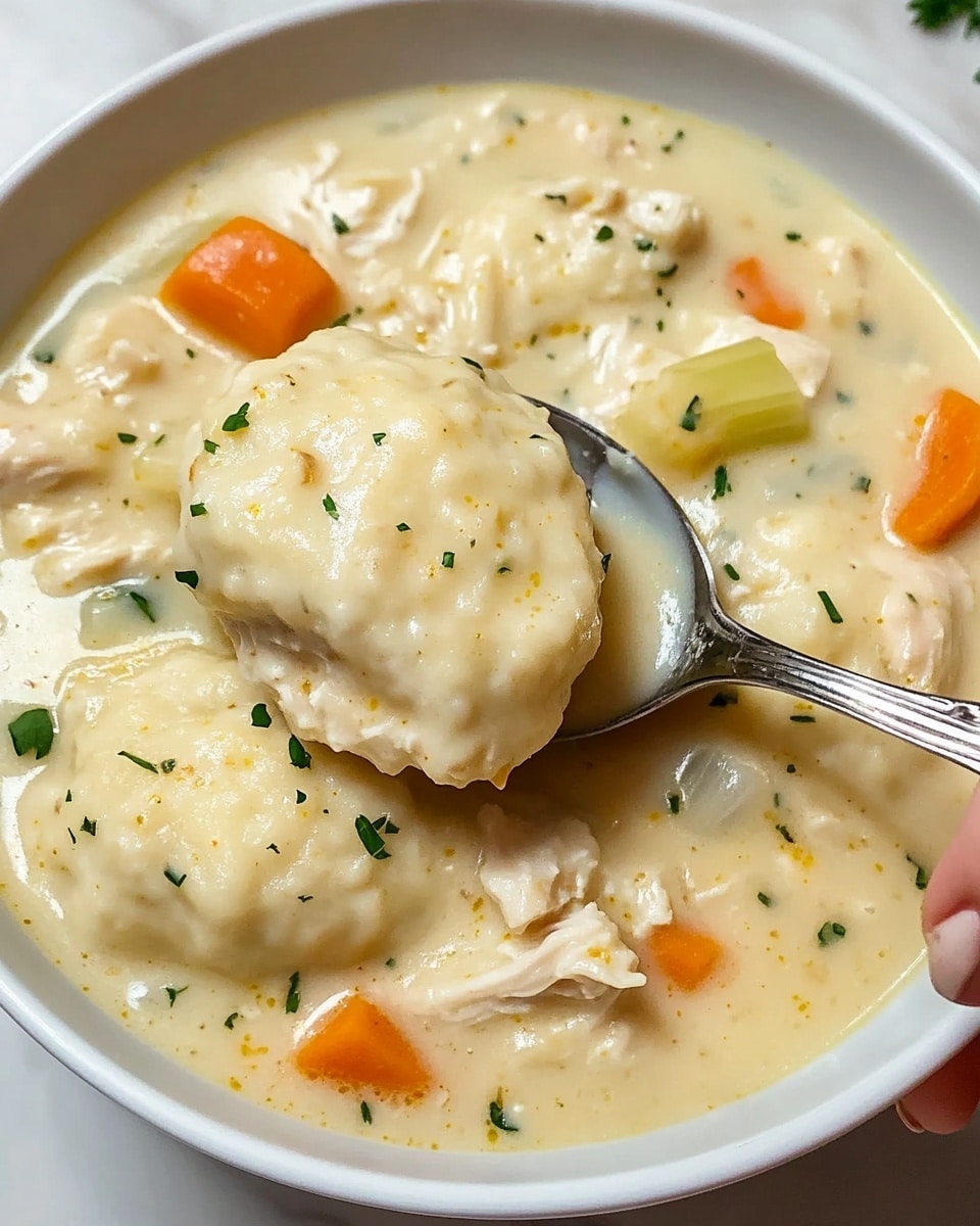 A white round bowl filled with thick creamy chicken and dumplings soup. The soup has a pale yellow cream base with small orange carrot cubes, light green celery pieces, and small bits of white chicken scattered throughout. On top, there are three large, soft, biscuit-like dumplings floating, speckled with small green herbs. The woman's hand holds a silver spoon in the foreground scooping a large piece of one dumpling along with some chicken and vegetables. The bowl sits on a white marbled surface. photo taken with an iphone --ar 4:5 --v 6.1