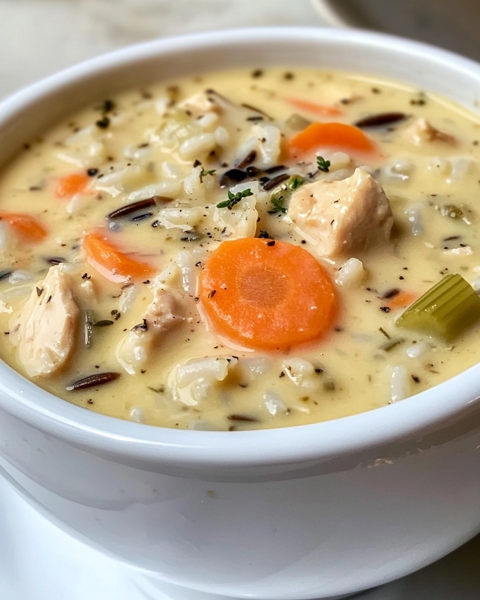 A white cup filled with thick creamy soup containing chunks of white chicken, orange carrot slices, small pieces of green celery, and bits of wild rice, all creamy and speckled with herbs; a toasted golden-brown slice of bread is placed leaning on the inside rim of the cup; the cup sits on a white plate with textured patterns, all set on a white marbled surface photo taken with an iphone --ar 4:5 --v 6.1