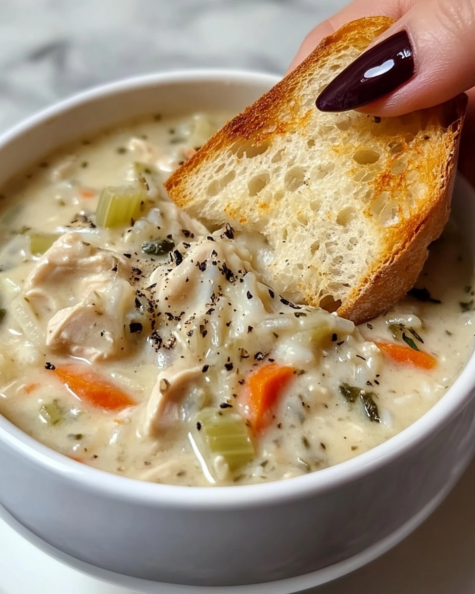A close-up of a creamy soup served in a white bowl resting on a white plate, placed on a white marbled surface. The soup looks thick and filled with various pieces: orange round carrot slices, pale chunks of chicken, long grains of white rice, small bits of green celery, and some dark wild rice grains scattered throughout. The creamy texture of the soup is pale yellow with black specks of herbs spread evenly, creating a rich and hearty appearance. photo taken with an iphone --ar 4:5 --v 6.1