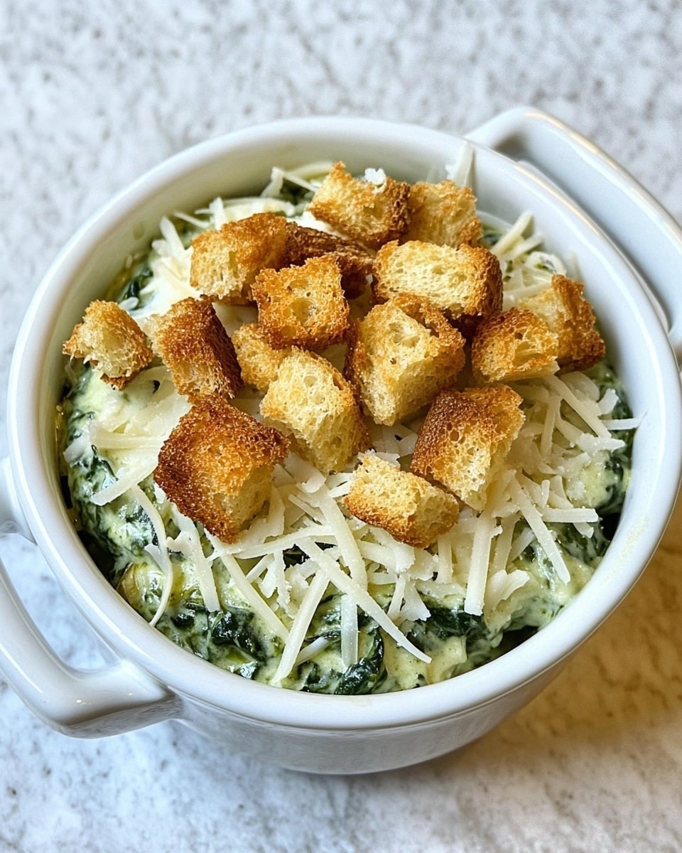 A small white bowl with handles holds a creamy green spinach mixture topped with a layer of shredded white cheese. On top of the cheese is a scattered pile of golden-brown crunchy croutons, adding texture and color contrast. The bowl sits on a white marbled surface, making the colors of the dish stand out clearly. photo taken with an iphone --ar 4:5 --v 6.1