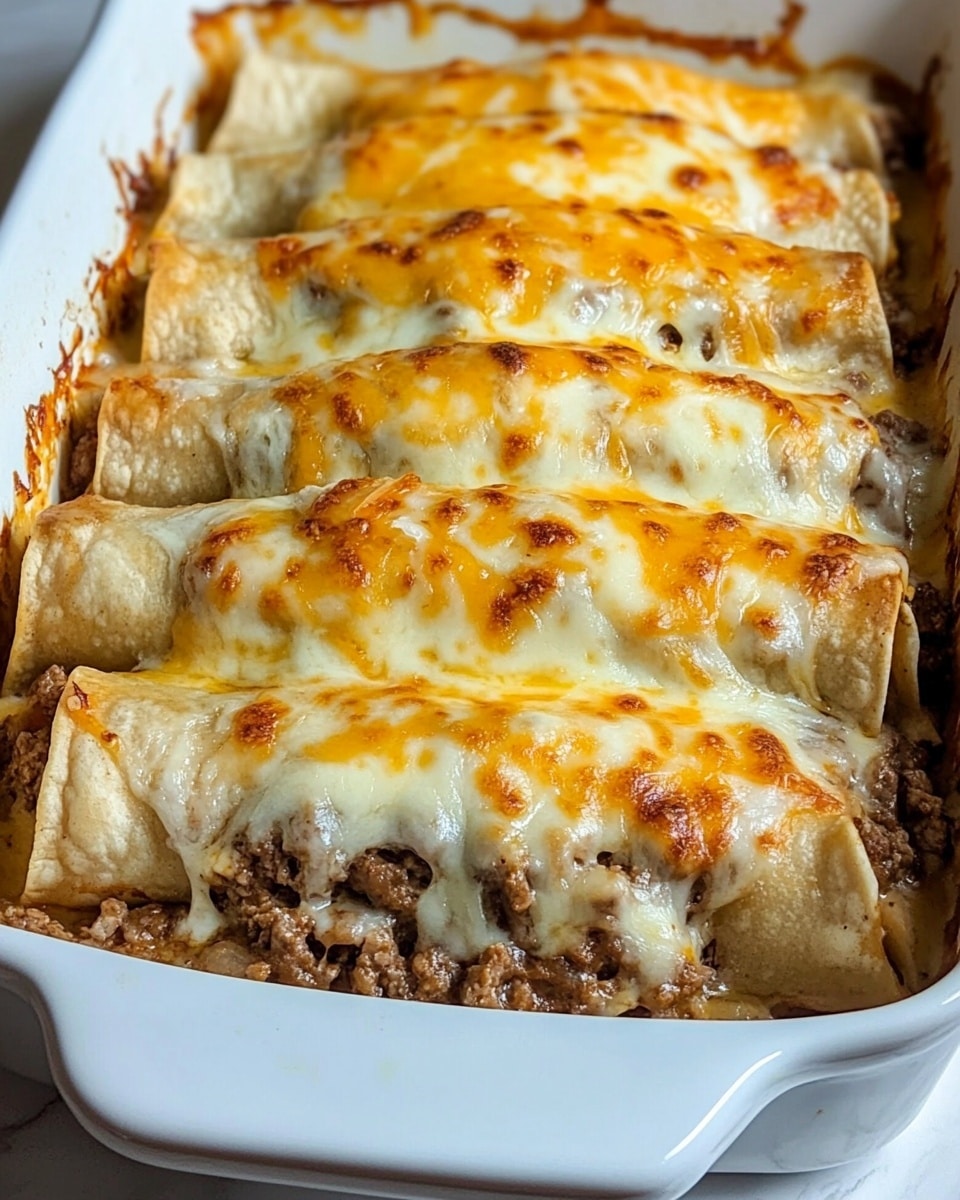 A white rectangular baking dish holds five rolled tortillas, each fully covered with a top layer of melted cheese that is a mix of yellow and white, bubbling and slightly browned around the edges. Beneath the cheese, bits of browned meat and creamy sauce peek through, creating a textured, rich filling. The tortillas are aligned side by side, forming neat rows that fill the dish evenly, with some sauce and cheese browned and stuck slightly to the edges of the dish. The dish sits on a white marbled background. photo taken with an iphone --ar 4:5 --v 6.1
