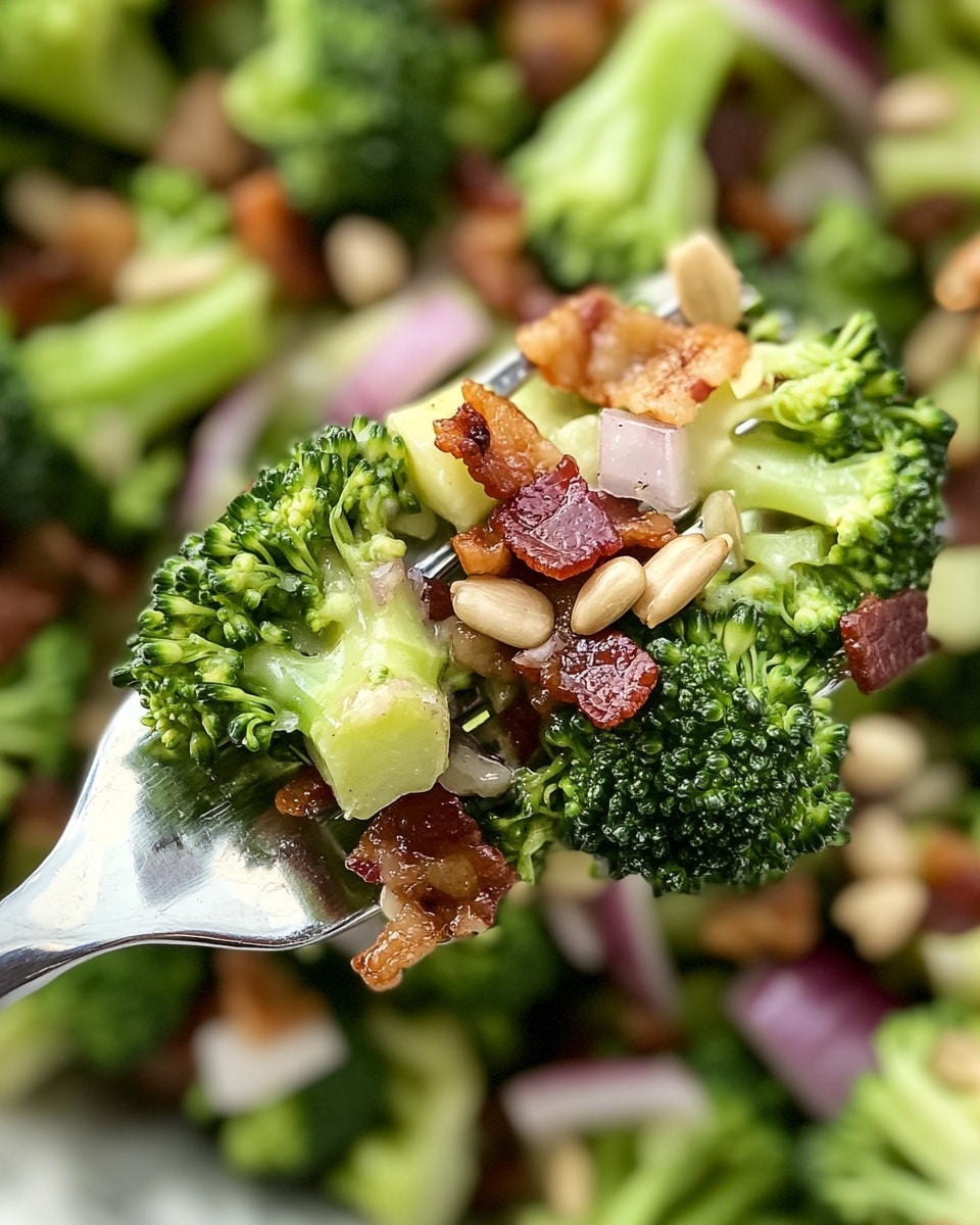 A close-up of a fork holding a mix of fresh broccoli florets, light green celery pieces, small chunks of red onion, brown bacon bits, and pale sunflower seeds, all coated with a shiny dressing. The background shows a white marbled surface with more of the same salad blurred out. The textures vary from crunchy broccoli and celery to the smooth, glossy dressing. Photo taken with an iphone --ar 4:5 --v 6.1