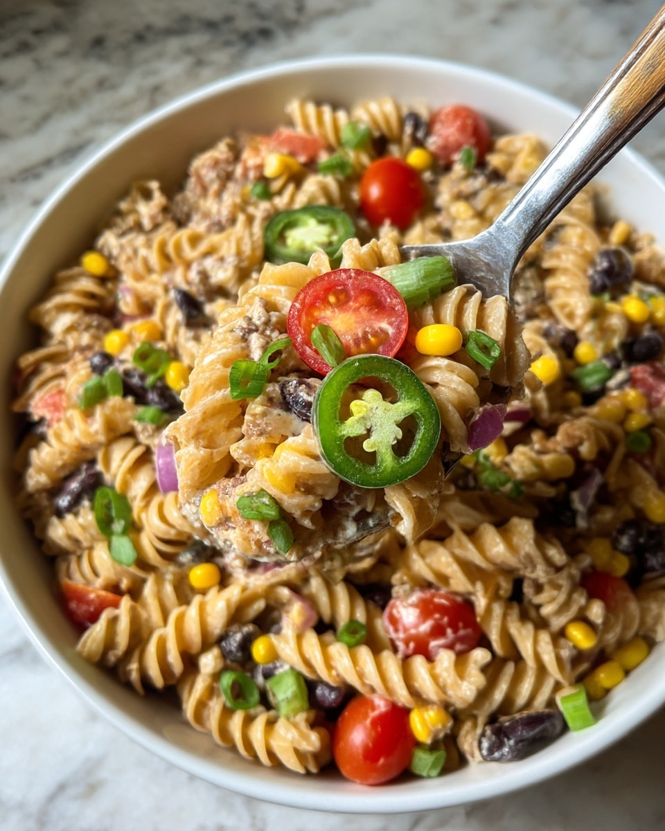 A close-up view of a wooden bowl filled with colorful pasta salad on a white marbled surface. The salad has three main layers: the base layer is pale yellow spiral pasta, mixed with small bits of darker ground meat. The middle layer includes bright yellow corn kernels, black beans, and small pieces of red onion and green scallions. The top layer is decorated with halved red cherry tomatoes and thin slices of vibrant green jalapeno peppers, adding fresh colors and textures. A large metal spoon lifts a serving, showing all the ingredients mixed together with a creamy dressing, highlighting the textures and vibrant colors. Photo taken with an iphone --ar 4:5 --v 6.1