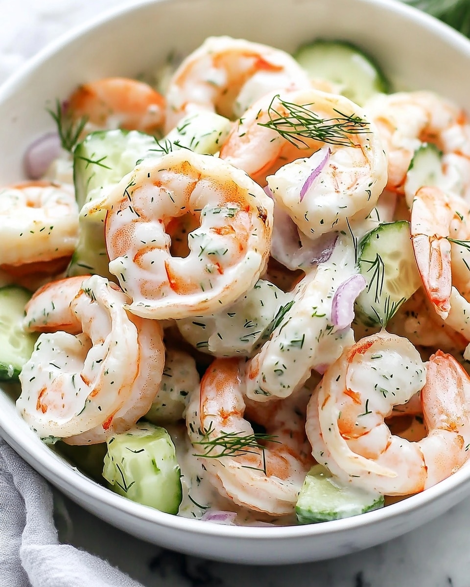 A white bowl full of pink cooked shrimp lightly coated with a creamy white sauce, mixed with small pieces of light green cucumber, purple onion, and green dill sprinkled on top. The bowl is set on a white marbled surface with fresh green lettuce leaves and dill sprigs placed in the background. A silver spoon rests beside the bowl on a white cloth. Photo taken with an iphone --ar 4:5 --v 6.1