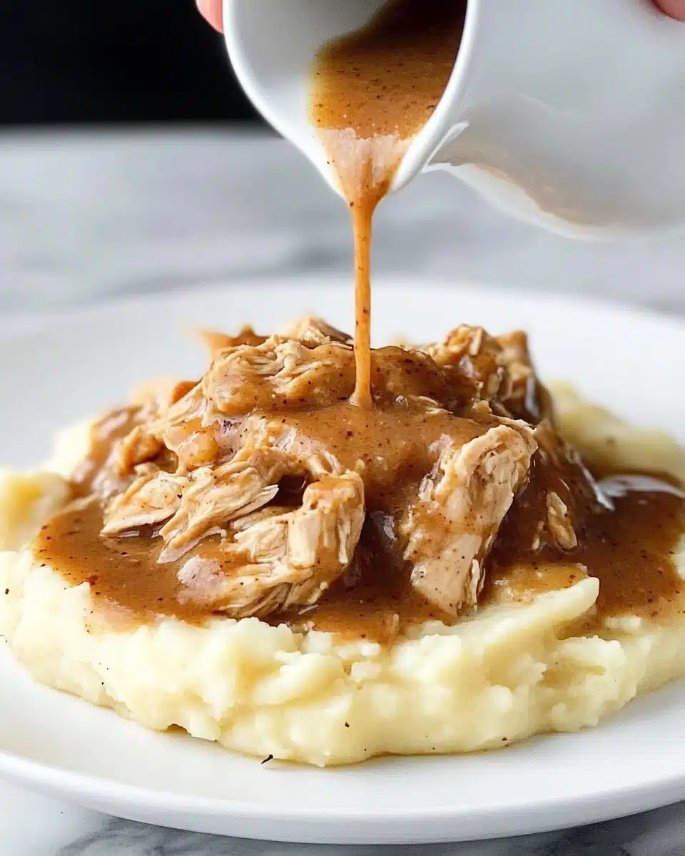 The image shows a white plate with two layers: the bottom layer is creamy mashed potatoes, soft and slightly textured with small lumps, in a pale yellow color. On top, there is a thick brown gravy with visible small chunks of cooked onions and pieces of tender shredded meat mixed in, evenly spread over the mashed potatoes. The gravy has a shiny, moist texture and some specks of black pepper, creating a rich and hearty look. The plate sits on a white marbled surface. Photo taken with an iphone --ar 4:5 --v 6.1