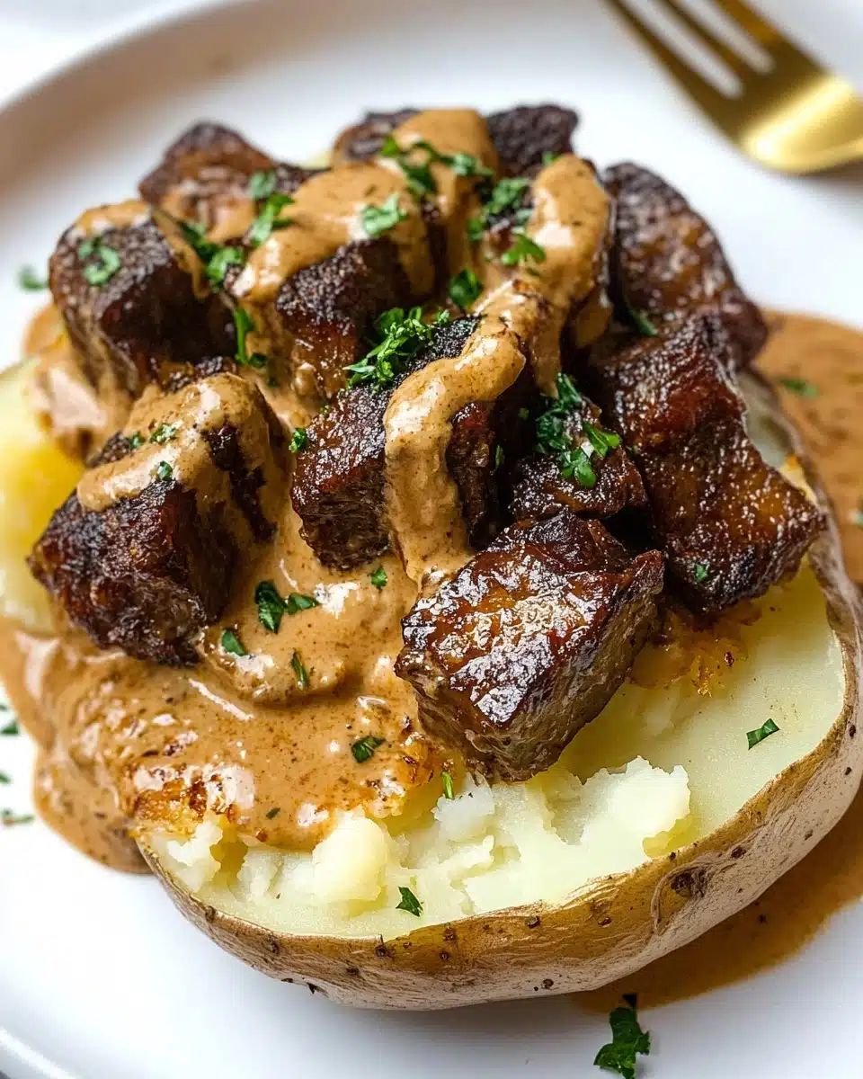 A white plate holds a large baked potato torn open to reveal soft, fluffy white inside. On top, there are many pieces of dark brown seared steak cubes, their edges slightly crisp. The potato and steak are covered with a creamy light brown sauce speckled with small herbs and spices. Small bright green parsley pieces are sprinkled over the dish, adding color contrast. The plate sits on a white marbled surface. photo taken with an iphone --ar 4:5 --v 6.1