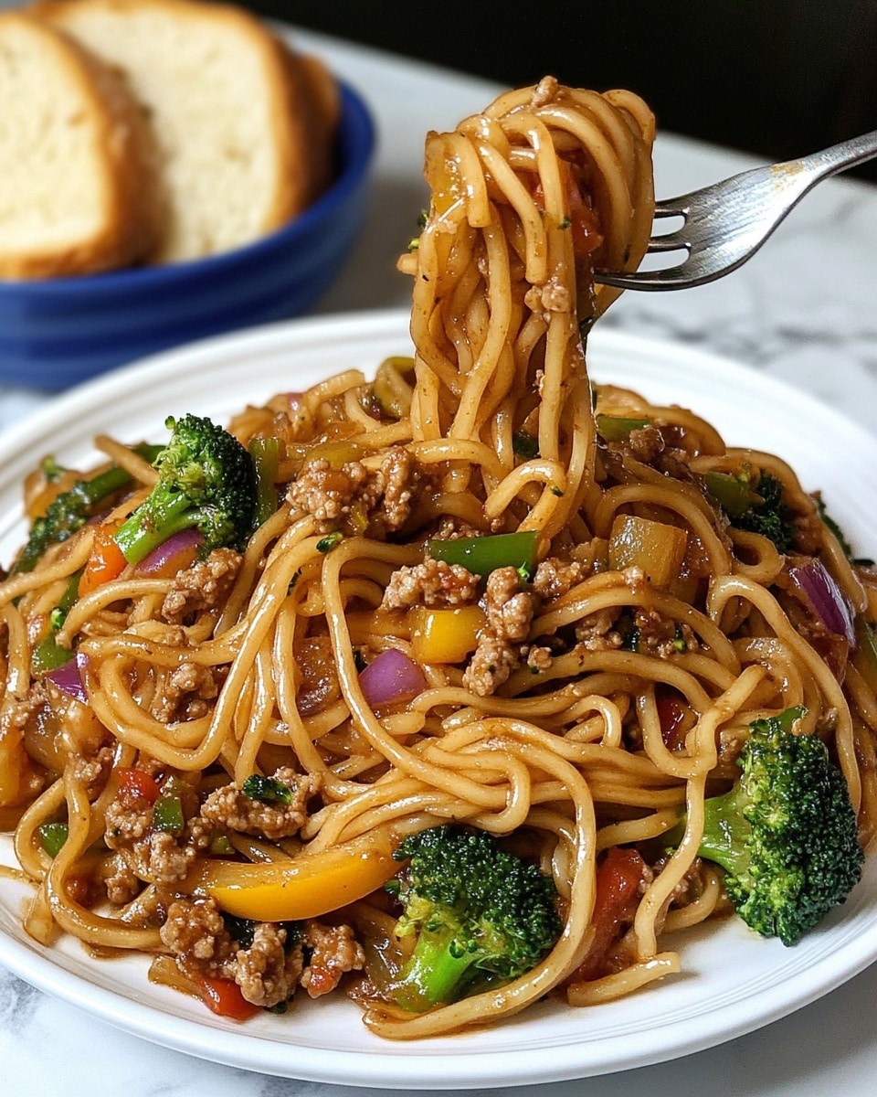 The dish shows a white plate full of stir-fried noodles mixed with ground meat, green broccoli pieces, yellow bell pepper slices, and purple-red onion strips. The noodles are glossy and brown from the sauce, twisted around a silver fork held by a woman's hand lifting a portion above the plate. In the background, three slices of toasted garlic bread with green herbs rest on a white plate, while a blue bowl with more noodle mix is partially visible. The whole setting is on a white marbled surface. photo taken with an iphone --ar 4:5 --v 6.1