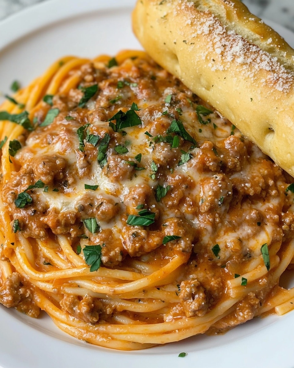 A white plate holds a serving of spaghetti mixed with a creamy tomato and meat sauce. The spaghetti noodles are coated in a rich, orange-tinted sauce filled with small chunks of browned ground meat and bits of green herbs, giving it a textured and hearty look. Melted cheese is visible, bubbling slightly underneath, with a browned golden layer near the edges. On top, a silver fork lifts a portion of spaghetti, showing the thick sauce clinging to the noodles. Resting on the edge of the plate is a golden-brown breadstick, sprinkled with parsley flakes and a light dusting of white cheese. The plate sits on a white marbled surface. photo taken with an iphone --ar 4:5 --v 6.1