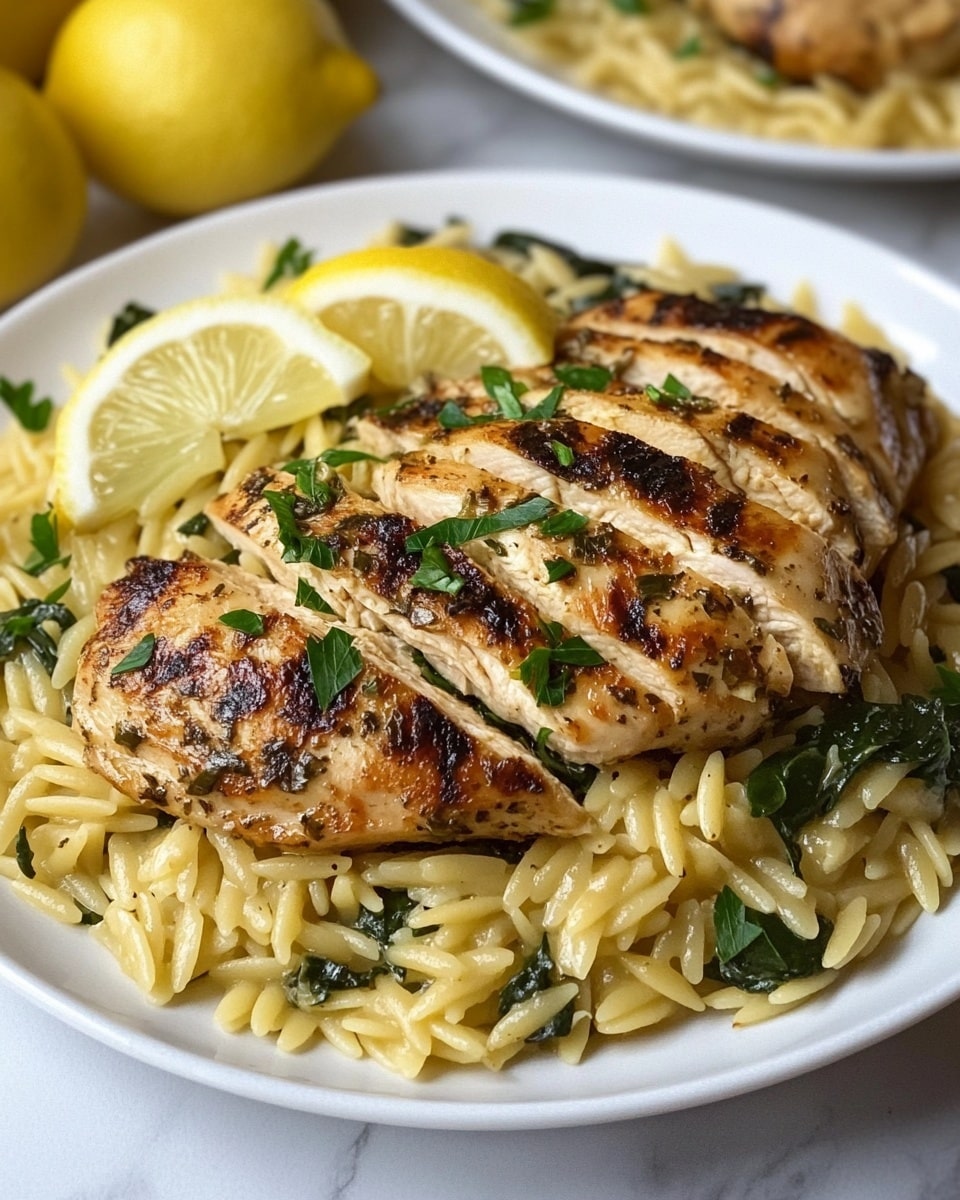 A white plate filled with a creamy orzo pasta mixed with green spinach leaves, creating a textured base layer in light golden and green colors. On top sits a layer of sliced, grilled chicken in light brown with visible black pepper specks and some char marks. A bright yellow slice of lemon with a few green parsley leaves is placed in the center of the chicken, adding a fresh pop of color. The dish is held by two woman s hands visible at the bottom corners of the image, all set against a white marbled surface. Photo taken with an iphone --ar 4:5 --v 6.1