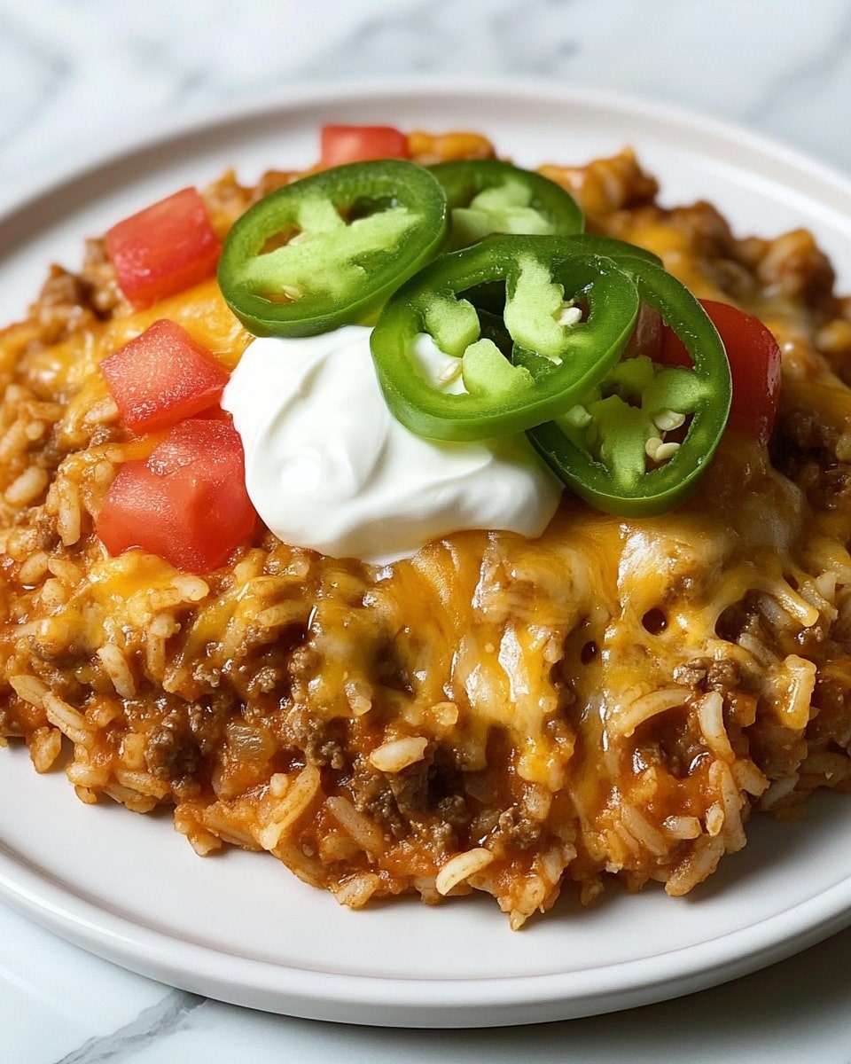 A white plate holds a layered dish starting with a base of cooked rice mixed with ground meat in a light brown sauce. Over this there is melted yellow and white cheese spread unevenly, adding a creamy texture. On top, there are diced red tomato pieces scattered, with a dollop of white sour cream in the center. Around the sour cream, bright green jalapeño slices with visible seeds add a fresh pop of color. The plate is set on a white marbled surface. photo taken with an iphone --ar 4:5 --v 6.1