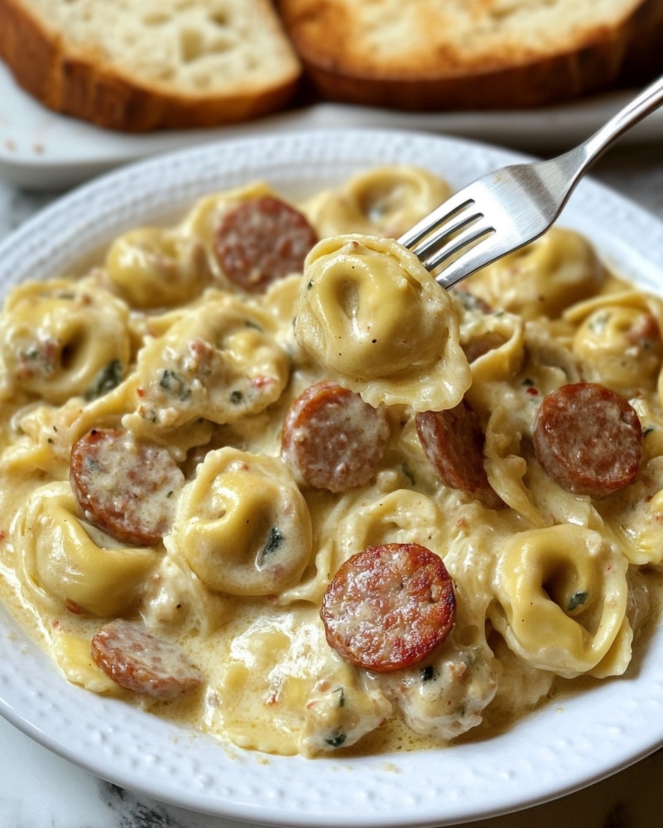 A white plate filled with creamy tortellini pasta mixed with sliced sausage. The dish has about two layers with the pasta pieces covered in a light yellow creamy sauce that has small bits of red and green vegetables mixed throughout. Multiple round slices of browned sausage are spread evenly across the pasta. A silver fork holds up a bite that includes a sausage slice and two tortellini pieces coated in the same sauce. In the background, there is another white plate with two thick slices of toasted garlic bread and a white marbled surface beneath everything photo taken with an iphone --ar 4:5 --v 6.1