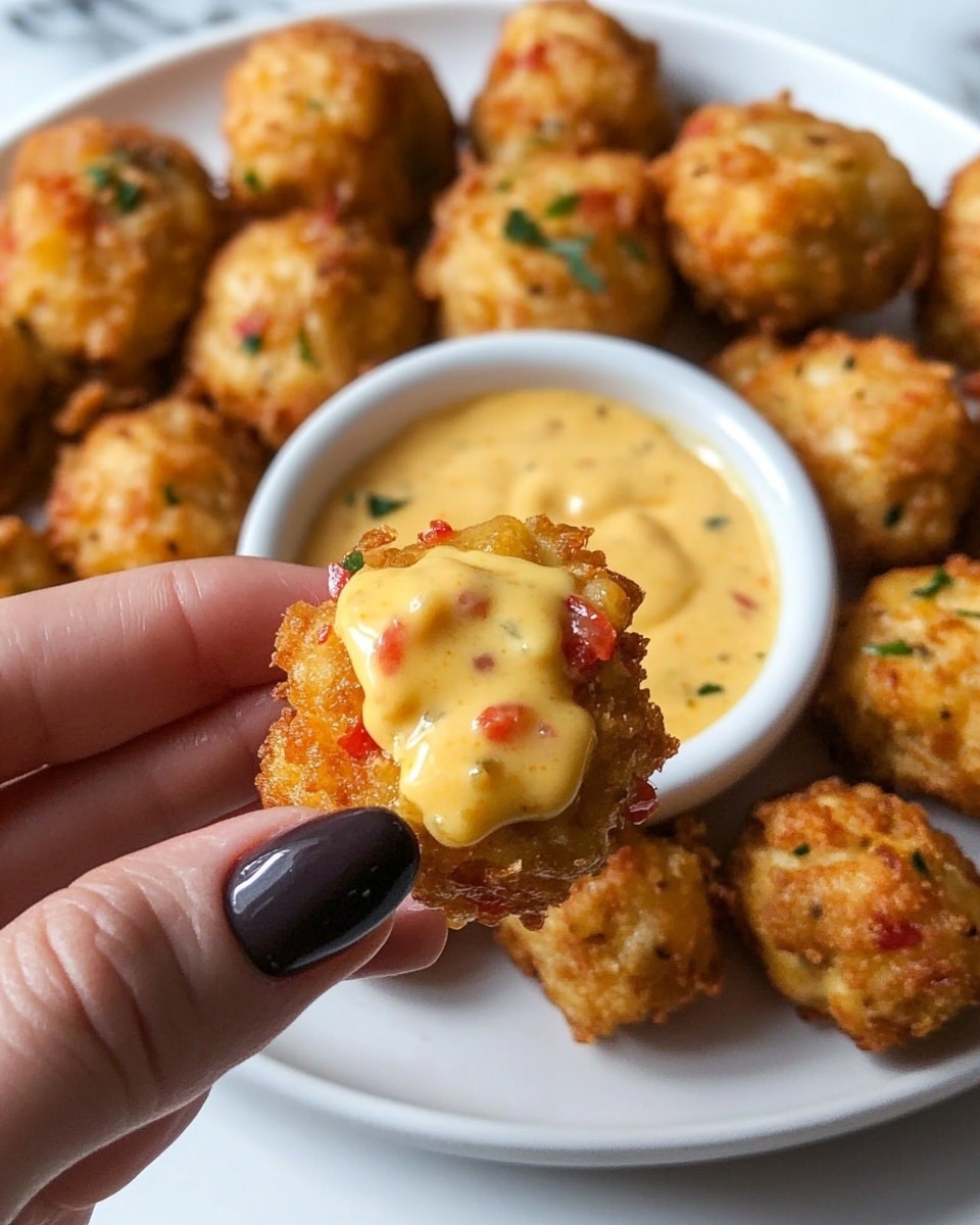 A white plate fills the background with many small, round, golden-brown fried snacks that have a rough texture and bits of red and green herbs mixed inside. In the front, a woman's hand with dark nail polish holds one piece covered halfway in a thick, creamy yellow sauce. In the center of the plate, there is a small white bowl full of the same yellow sauce, creamy and smooth, ready for dipping. The whole scene is on a white marbled surface. photo taken with an iphone --ar 4:5 --v 6.1