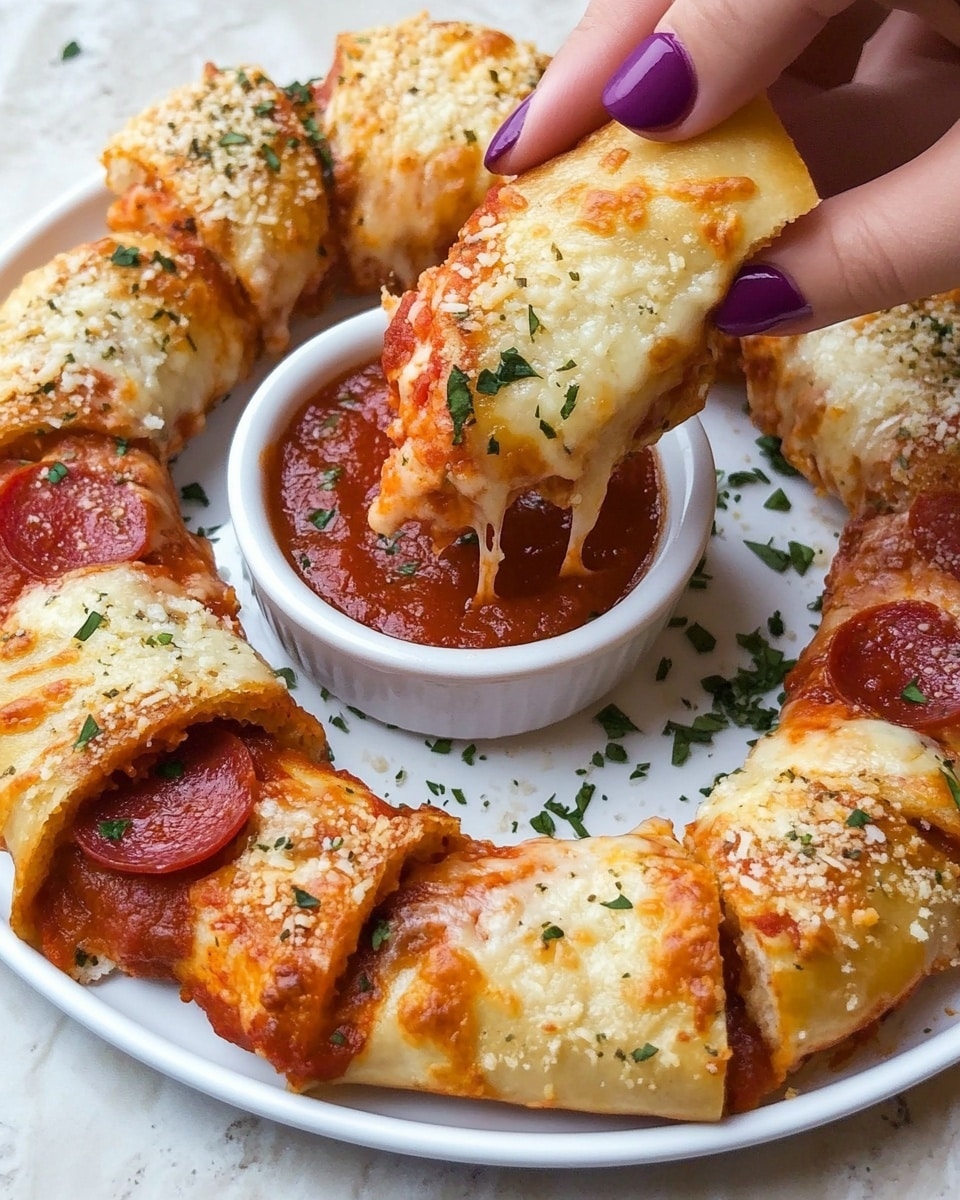 A white round plate holds six pieces of folded, golden-brown stuffed bread arranged in a circle around a small white bowl filled with thick red tomato sauce sprinkled with white cheese. Each piece has a crispy outer crust with green herbs sprinkled on top, and inside visible layers of melted white cheese and red slices of pepperoni. A woman's hand with purple nail polish is dipping one piece into the sauce. The background surface is a white marbled texture. Photo taken with an iphone --ar 4:5 --v 6.1