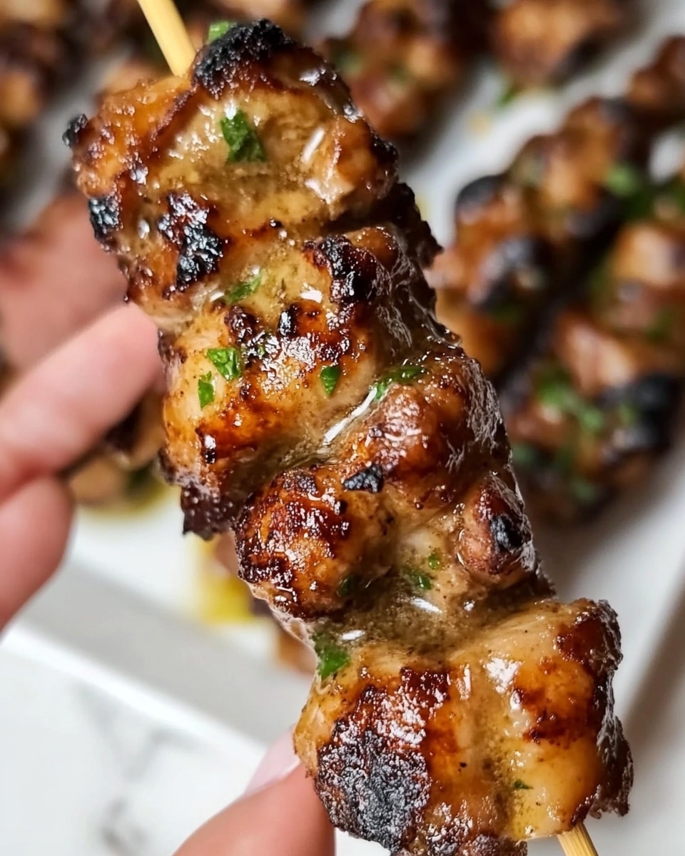 A close-up view of a skewer held by a woman's hand with pink nail polish, showing grilled pieces of chicken layered three times on the wooden stick. The chicken has a mix of golden brown and slightly charred spots, covered in a shiny herb sauce with visible small green herbs. The texture of the meat shows slight grill marks and a moist surface reflecting light. The skewer is held above a white plate with more grilled skewers on it, all placed on a white marbled surface. The overall look is juicy and flavorful with a warm, cooked color palette. photo taken with an iphone --ar 4:5 --v 6.1