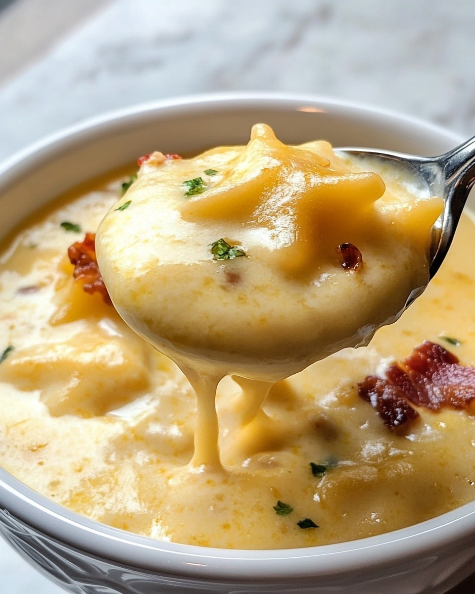 The image shows a white bowl filled with a thick, creamy yellow soup with visible chunks. A spoon holds a scoop of the soup above the bowl, dripping slightly. The scoop has three layers: a smooth yellow cheese-like sauce covering soft, star-shaped pasta pieces with a slight shine, bits of crispy brown bacon, and small green herb pieces scattered throughout. The background is a white marbled surface, and the spoon is metal. Photo taken with an iphone --ar 4:5 --v 6.1