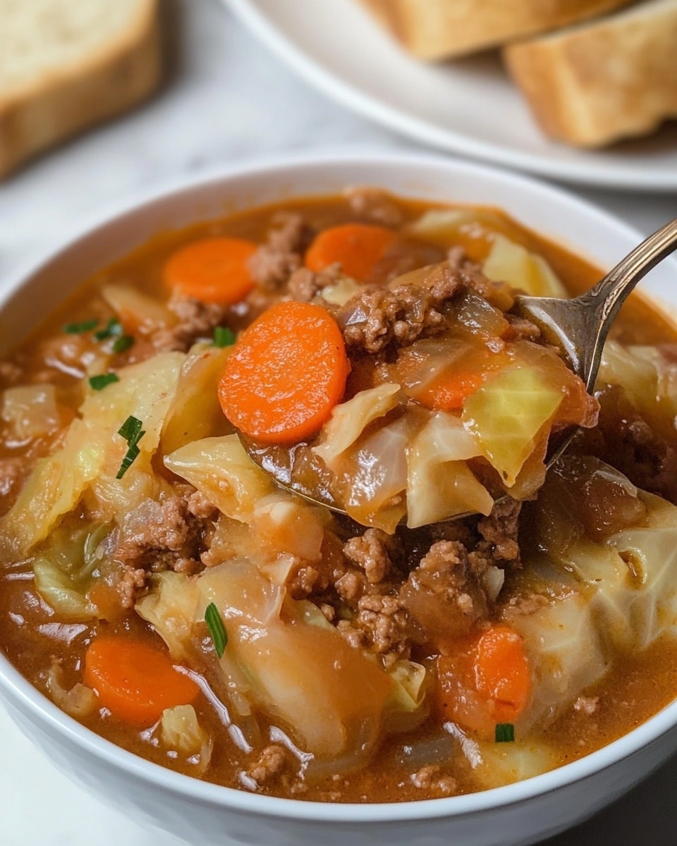 A close-up of a white bowl filled with a thick stew showing three main layers: at the bottom, soft cooked cabbage pieces in light yellow and cream shades; in the middle, bright orange carrot slices adding color contrast and round shape; and on top, small crumbles of brown cooked ground meat mixed throughout, all held together by a glossy orange-brown broth. A spoon lifting a mix of these ingredients is held above the bowl. In the background, out of focus on a white marbled surface, is another white plate holding several golden brown, round toasted bread slices. Photo taken with an iphone --ar 4:5 --v 6.1