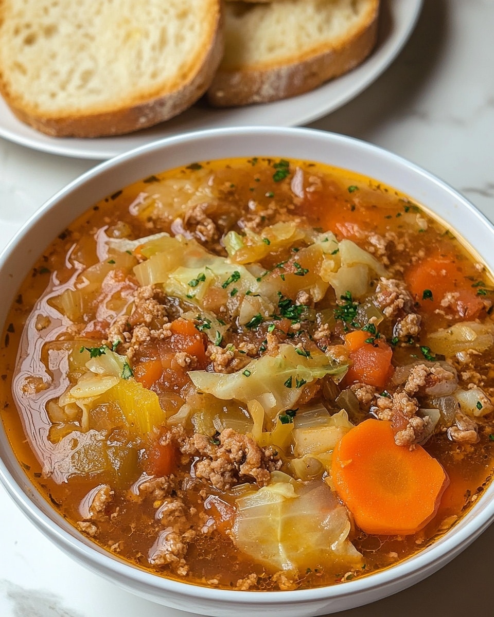 A white bowl filled with a thick soup made of several layers: the base is a reddish-brown broth, scattered throughout are large, soft pieces of pale yellow and light green cabbage, bright orange carrot slices, small bits of light green celery, and chunky browned ground meat mixed with bits of tomato. The soup has a slightly shiny texture with a few green herb flakes sprinkled on top. In the background, a white plate with golden toasted bread rounds sits on a white marbled surface. Photo taken with an iphone --ar 4:5 --v 6.1